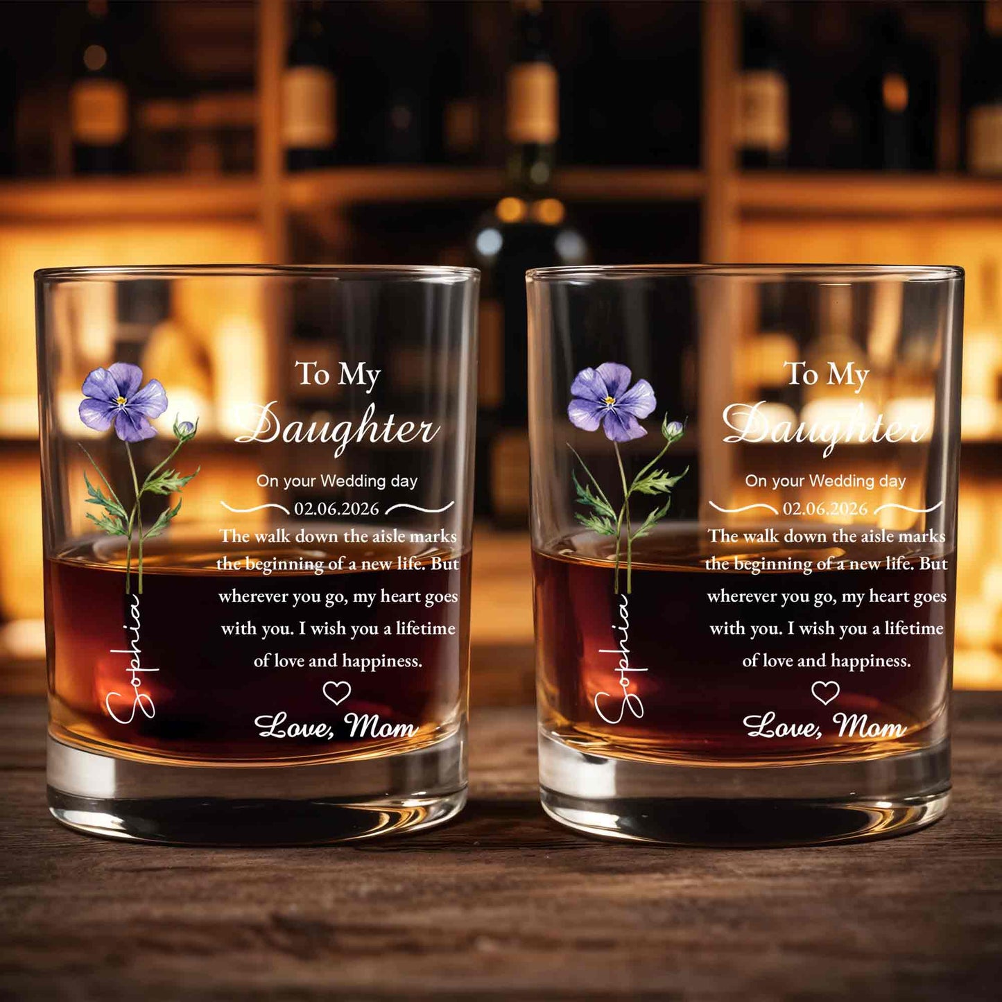To My Daughter On Your Wedding Day Flower Heart - Personalized Custom Whiskey Glass - DAU322_RWG