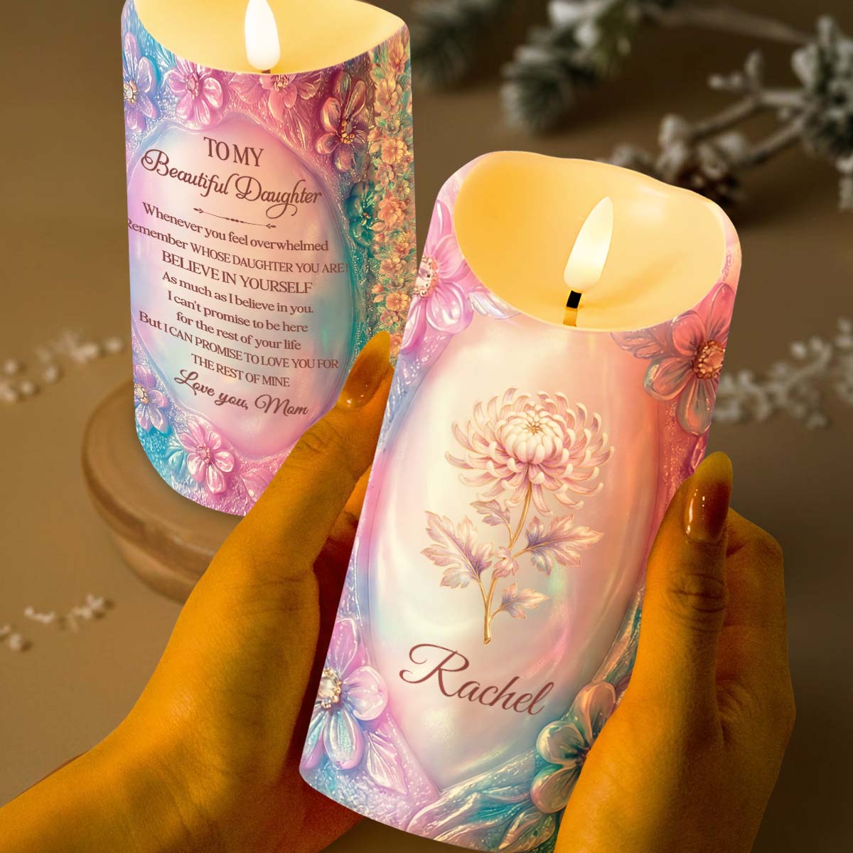 To My Beautiful Daughter Purple Flowers Personalized Candle - Personalized Custom LED Candle - DAU323_LECA