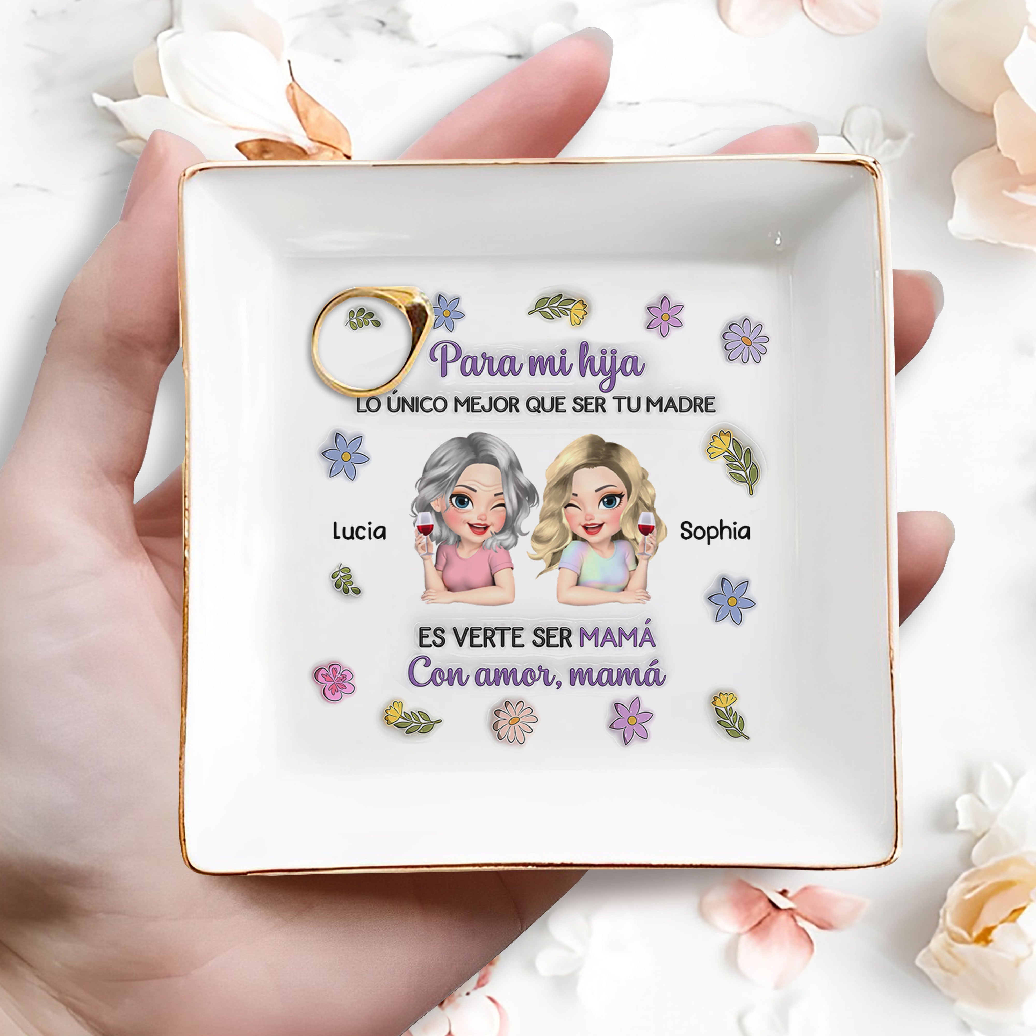Para Mi Hija Spanish Mother Daughter Wine And Flowers Ceramic Dish - Personalized Custom Jewelry Dish, Square Ceramic Dish - DAU326_SCRD