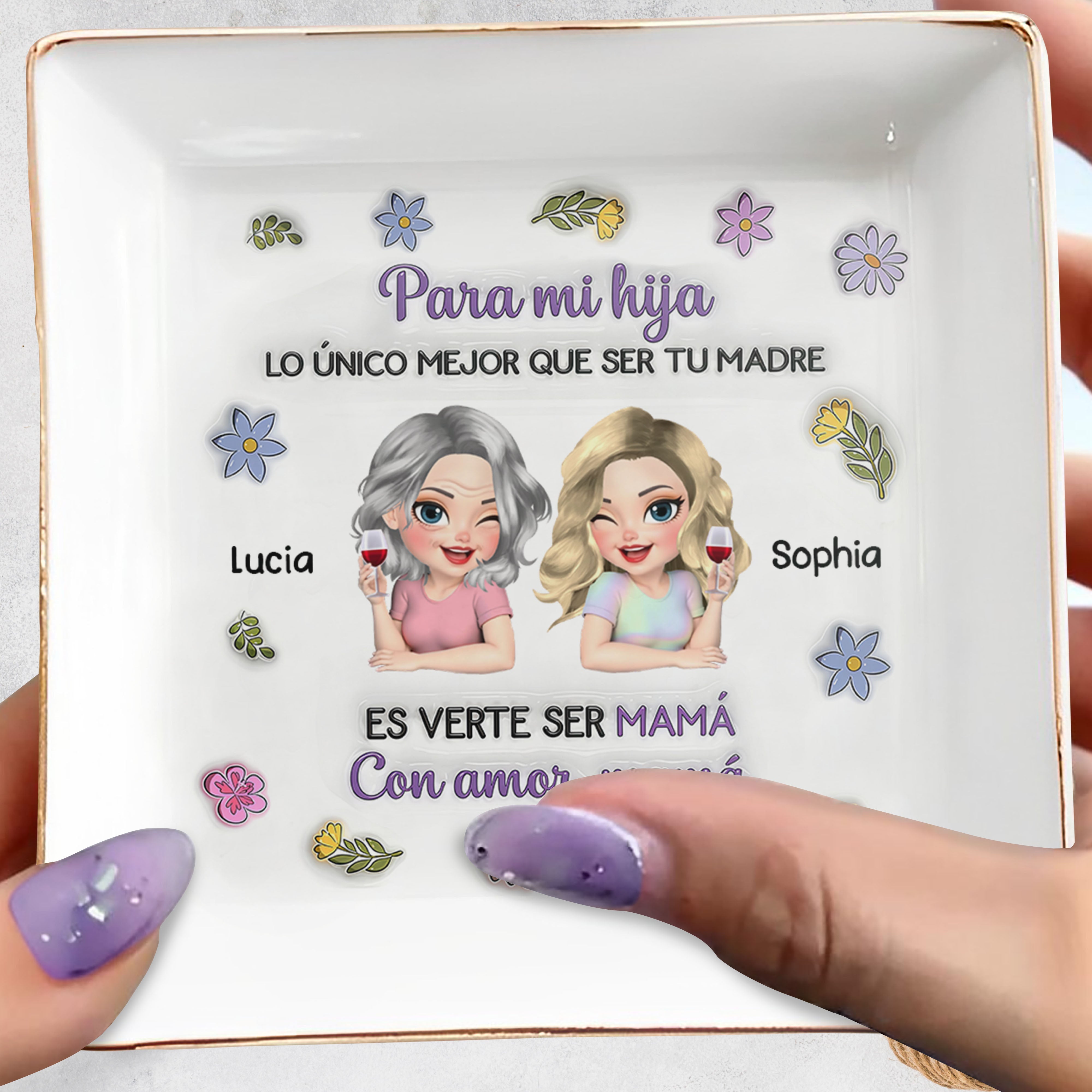 Para Mi Hija Spanish Mother Daughter Wine And Flowers Ceramic Dish - Personalized Custom Jewelry Dish, Square Ceramic Dish - DAU326_SCRD