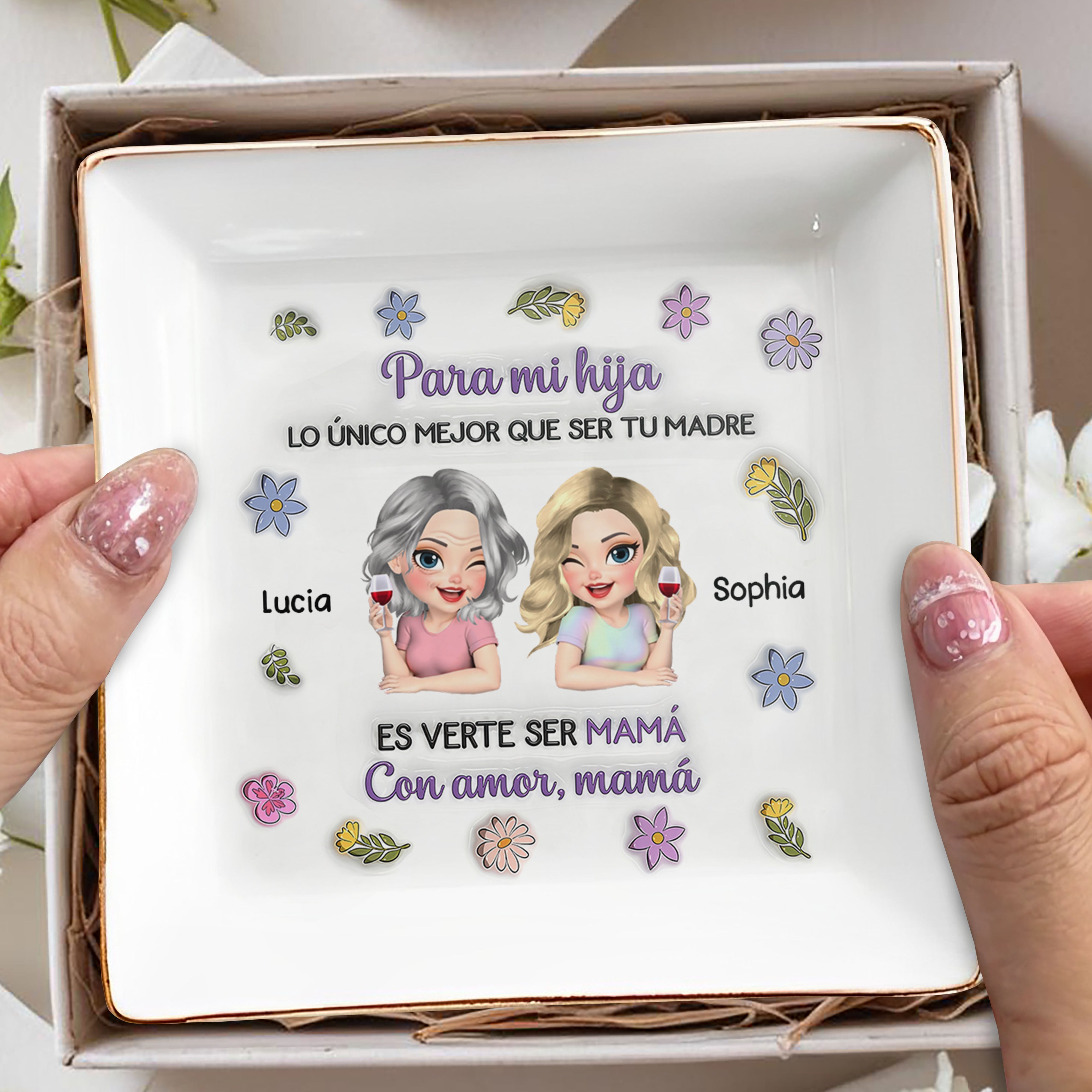 Para Mi Hija Spanish Mother Daughter Wine And Flowers Ceramic Dish - Personalized Custom Jewelry Dish, Square Ceramic Dish - DAU326_SCRD
