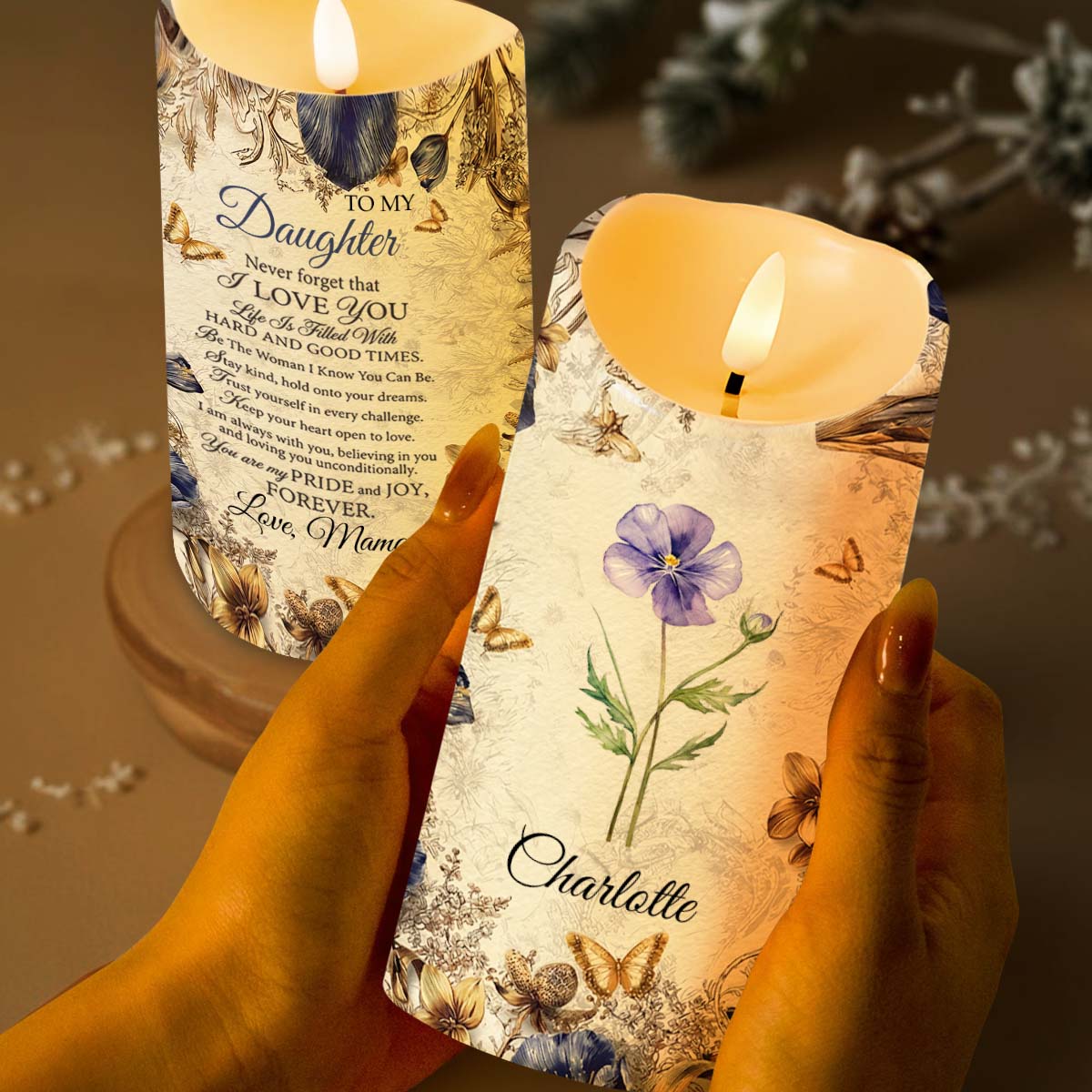 To My Daughter Never Forget I Love You Floral Butterfly Candle - Personalized Custom LED Candle - DAU329_LECA