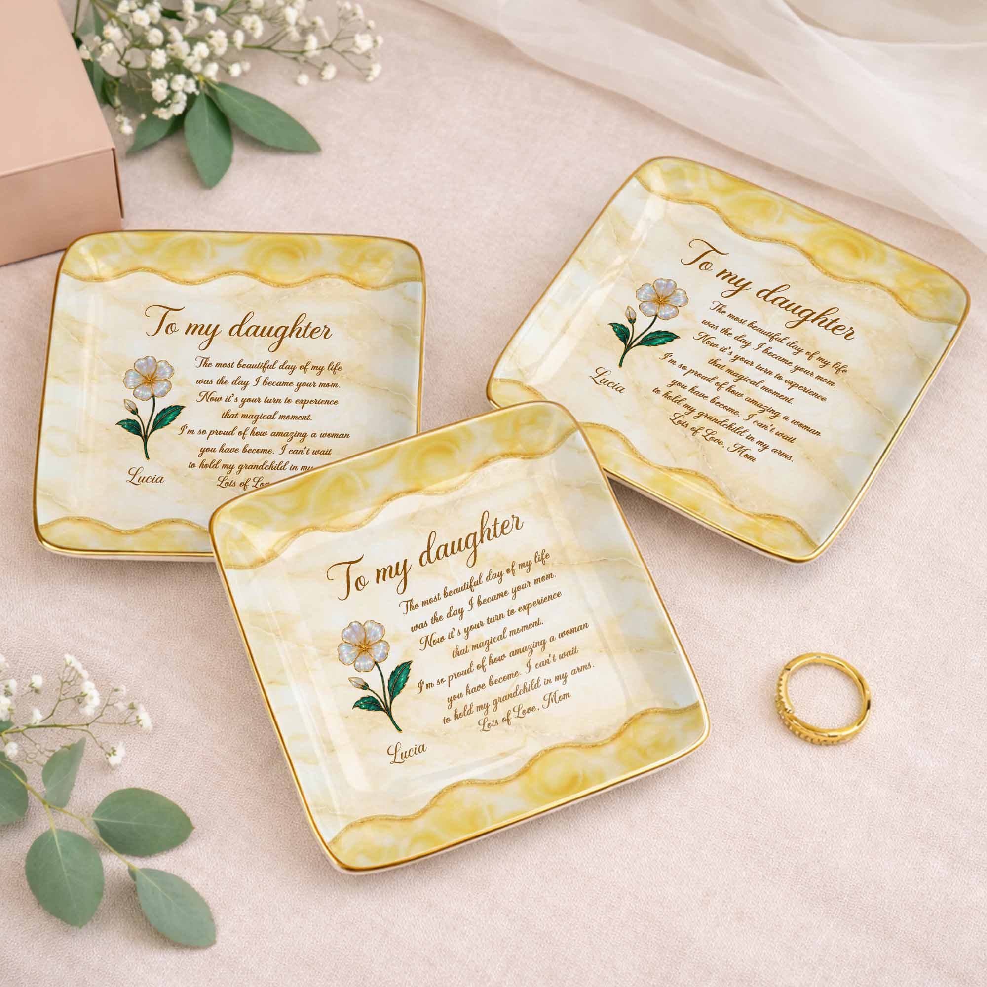 To My Daughter Most Beautiful Day Flower Marble Jewelry Holder - Personalized Custom Jewelry Dish, Ceramic Dish, Square Shape - DAU330_SCRF