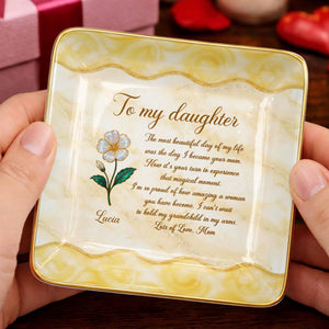 To My Daughter Most Beautiful Day Flower Marble Jewelry Holder - Personalized Custom Jewelry Dish, Ceramic Dish, Square Shape - DAU330_SCRF
