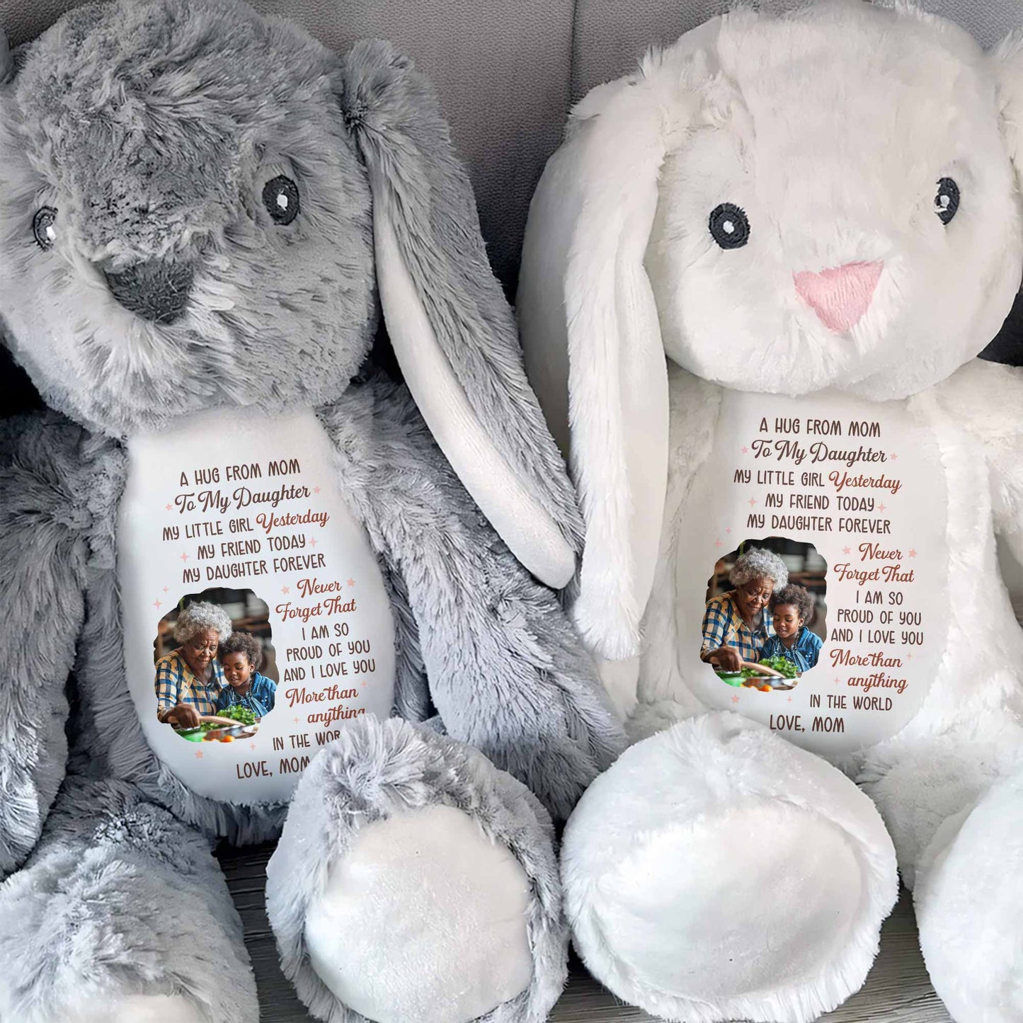 A Hug From Mom To My Daughter Photo And Hearts - Personalized Stuffed Bunny - DAU333_BUN