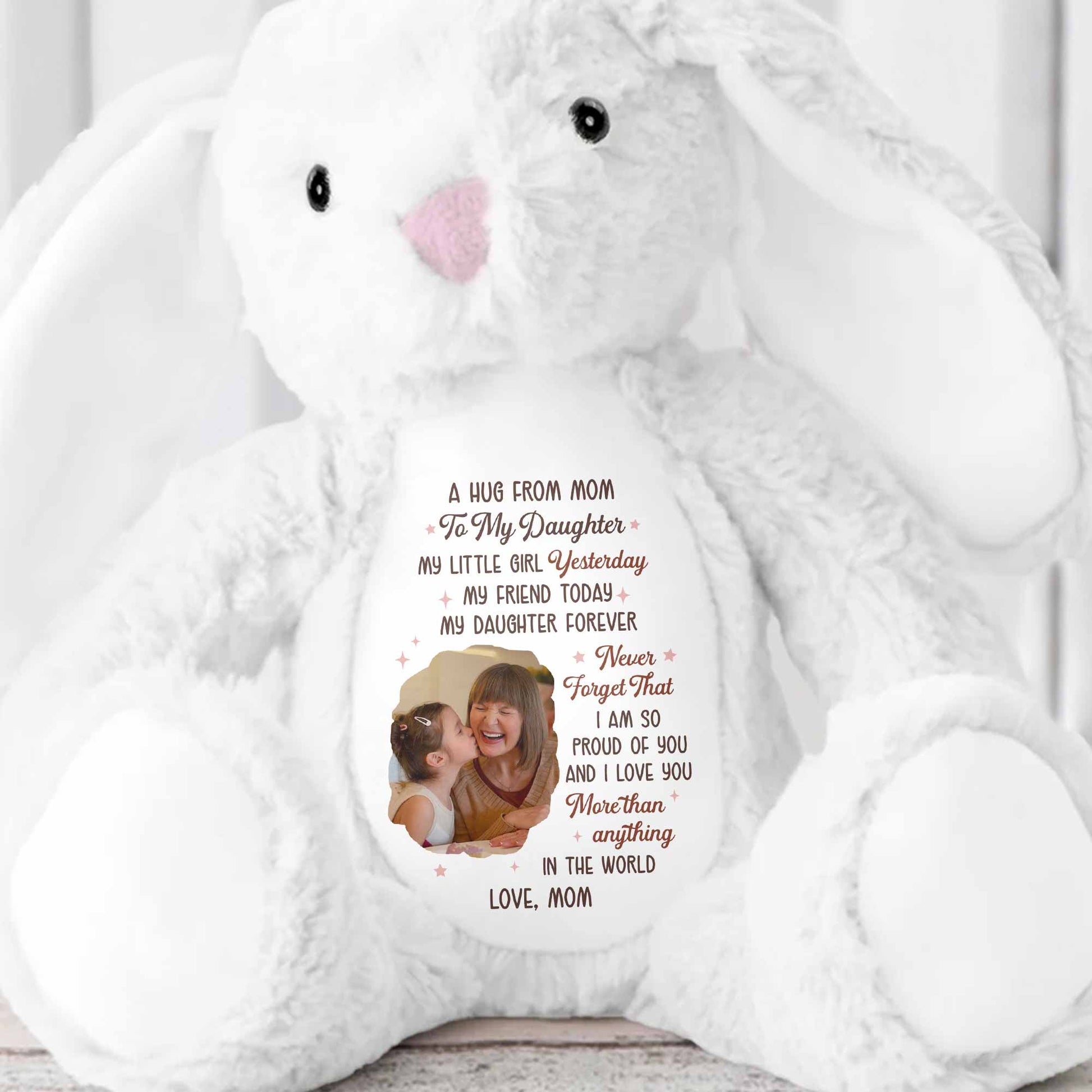 A Hug From Mom To My Daughter Photo And Hearts - Personalized Stuffed Bunny - DAU333_BUN