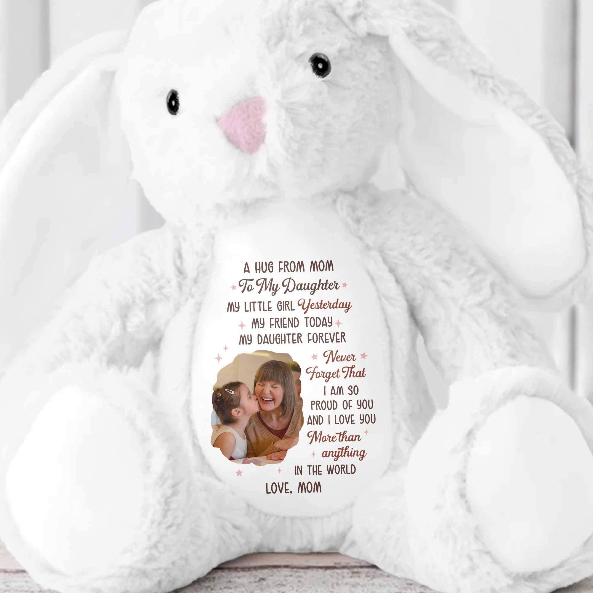 A Hug From Mom To My Daughter Photo And Hearts - Personalized Stuffed Bunny - DAU333_BUN