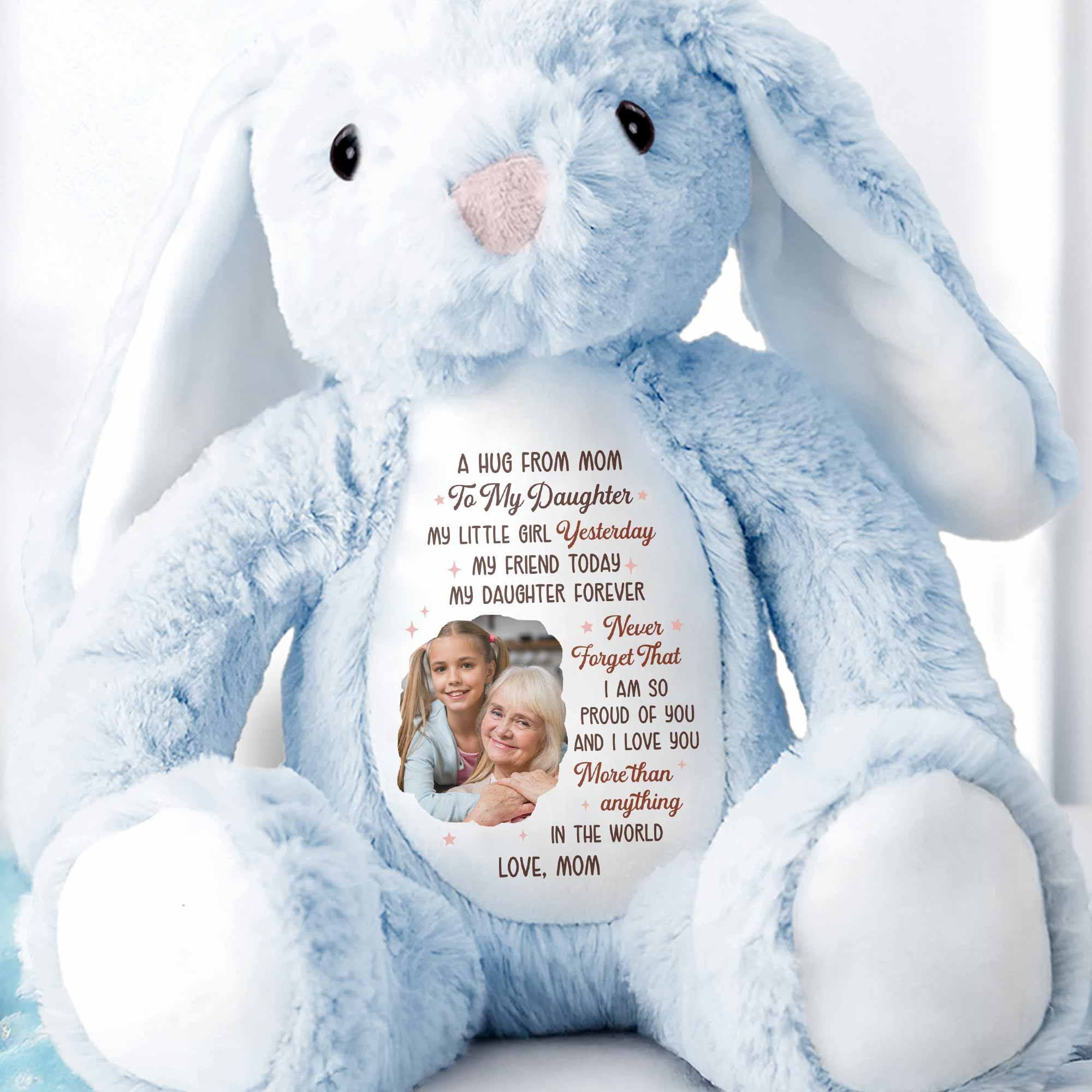 A Hug From Mom To My Daughter Photo And Hearts - Personalized Stuffed Bunny - DAU333_BUN