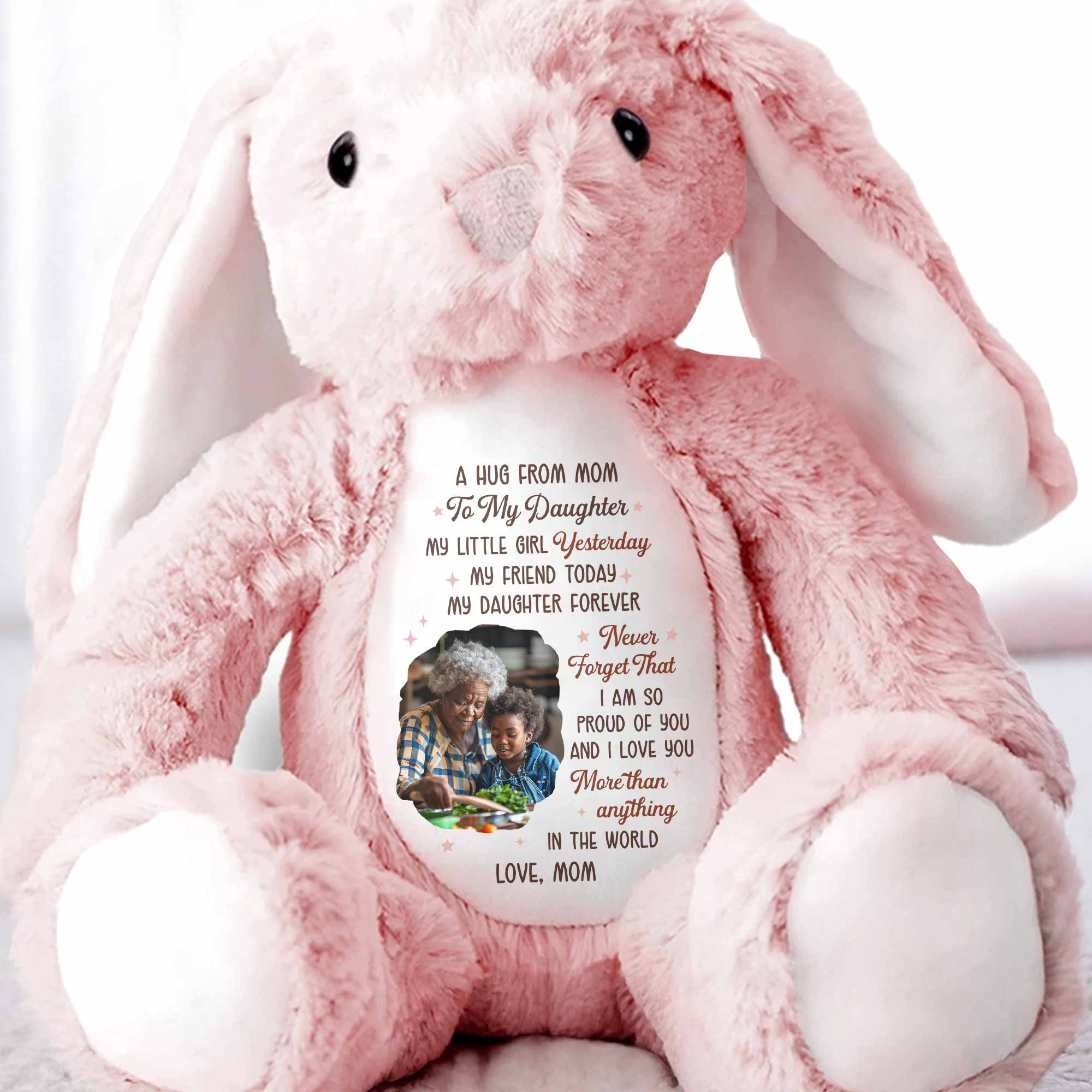 A Hug From Mom To My Daughter Photo And Hearts - Personalized Stuffed Bunny - DAU333_BUN
