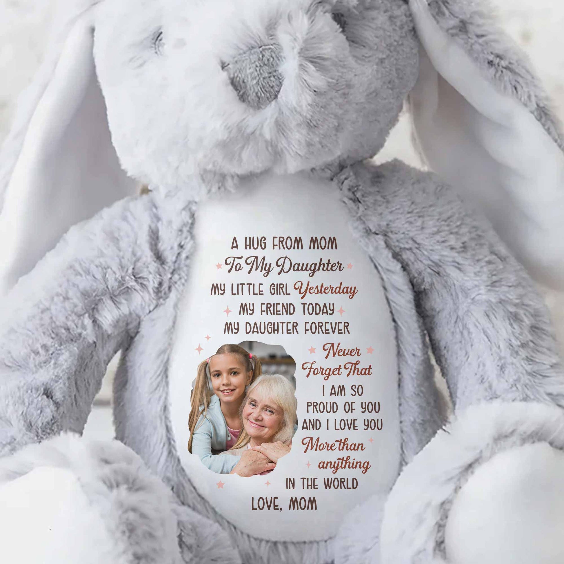 A Hug From Mom To My Daughter Photo And Hearts - Personalized Stuffed Bunny - DAU333_BUN