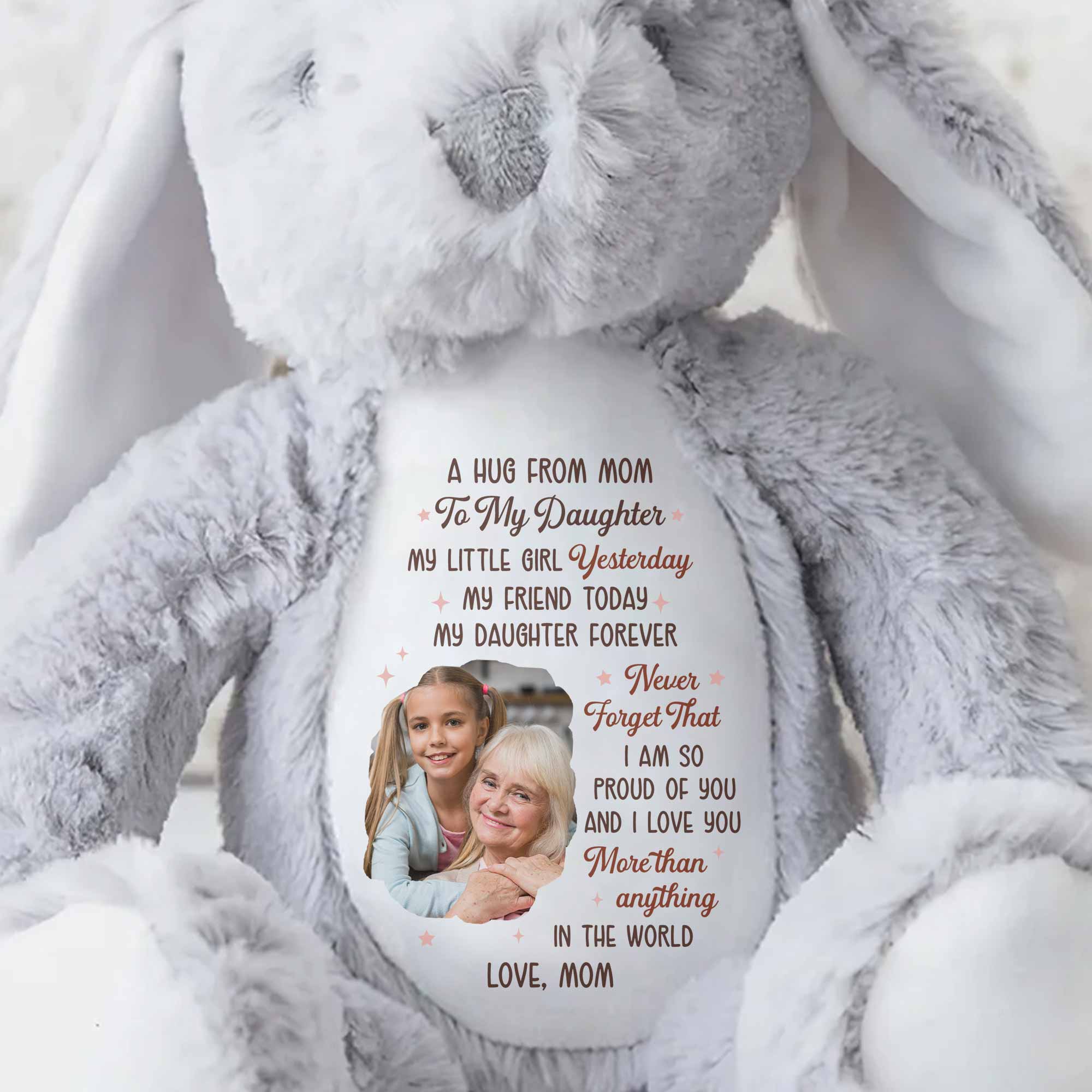 A Hug From Mom To My Daughter Photo And Hearts - Personalized Stuffed Bunny - DAU333_BUN