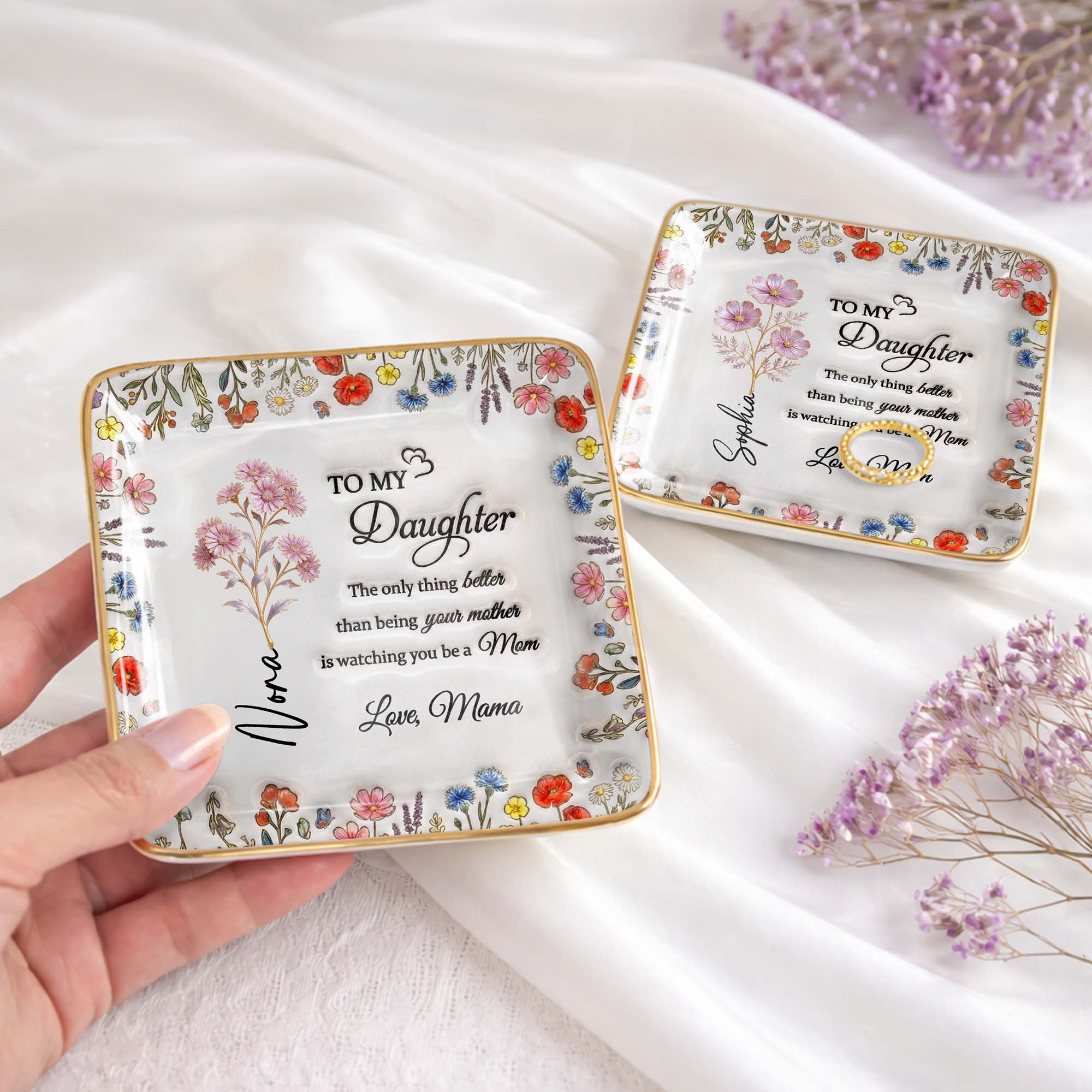 To My Daughter Watching You Be A Mom Floral Wildflower Jewelry Dish - Personalized Custom Jewelry Dish, Ceramic Dish, Square Shape - DAU334_SCRF