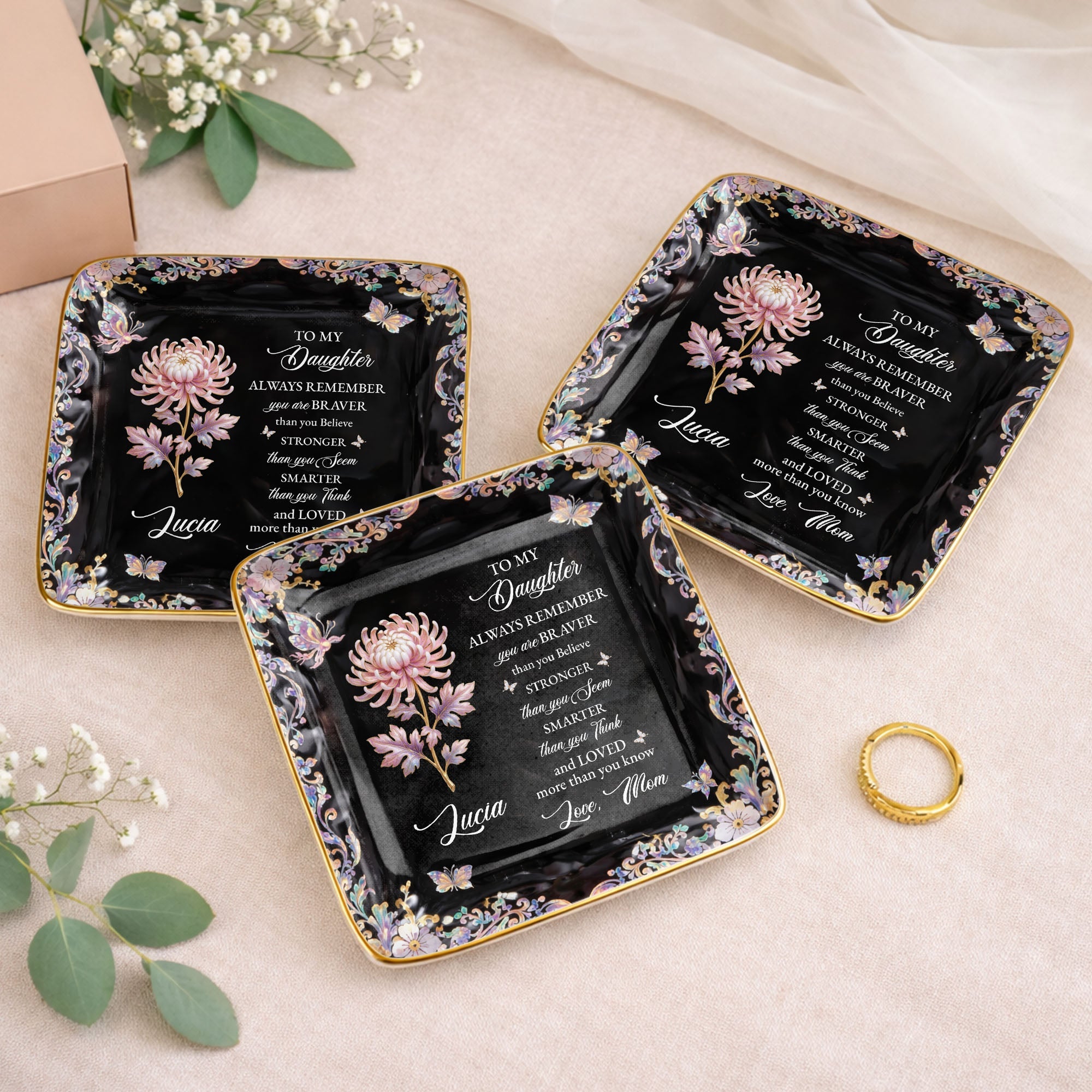 To My Daughter Always Remember Braver Stronger Smarter Flower Butterfly - Personalized Custom Jewelry Dish, Ceramic Dish, Square Shape - DAU337_SCRF