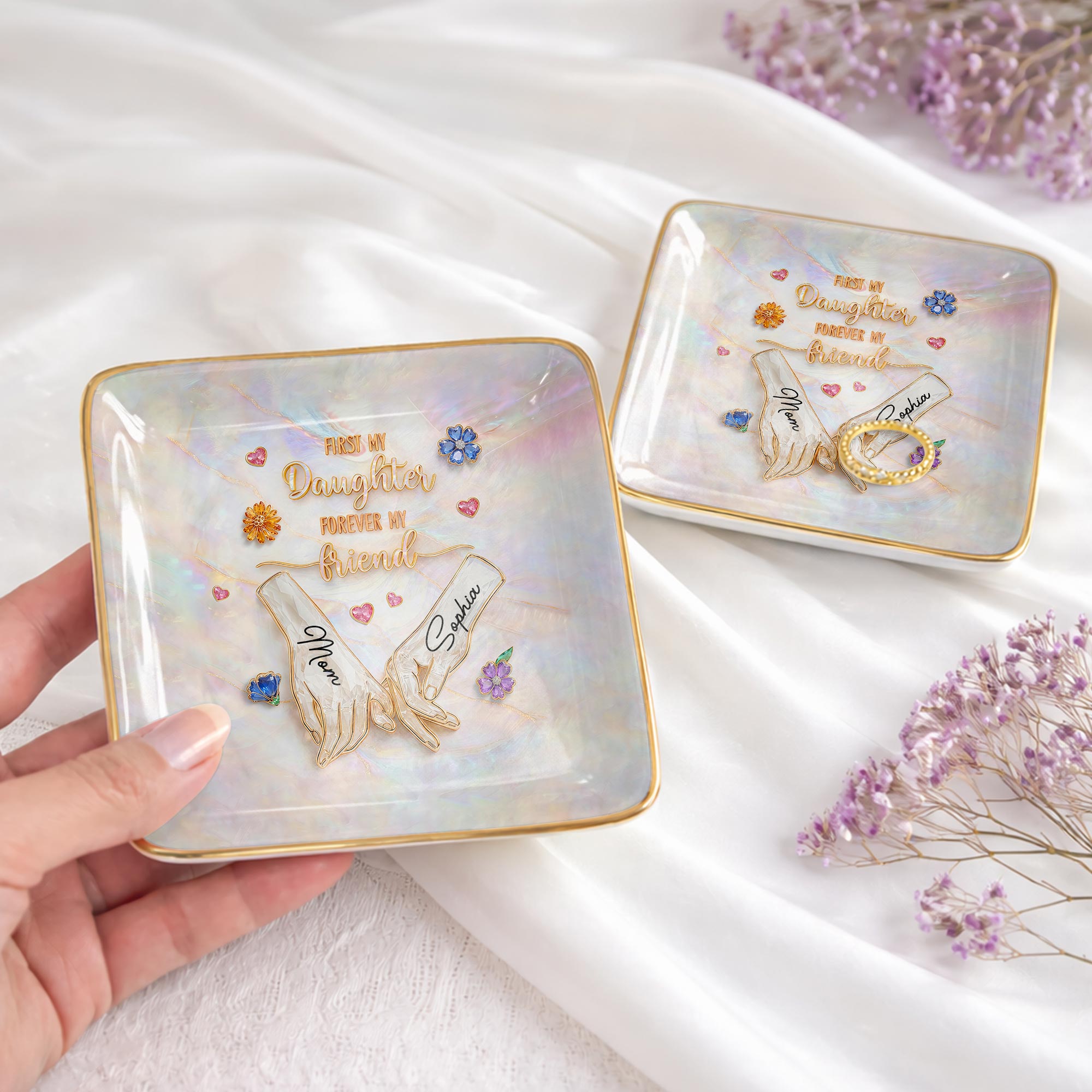 First My Daughter Forever My Friend Holding Hands Flowers - Personalized Custom Jewelry Dish, Ceramic Dish, Square Shape - DAU339_SCRF