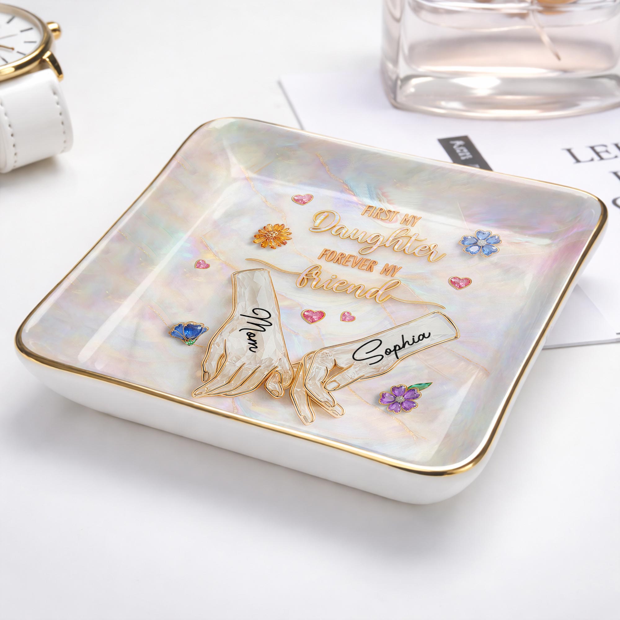 First My Daughter Forever My Friend Holding Hands Flowers - Personalized Custom Jewelry Dish, Ceramic Dish, Square Shape - DAU339_SCRF