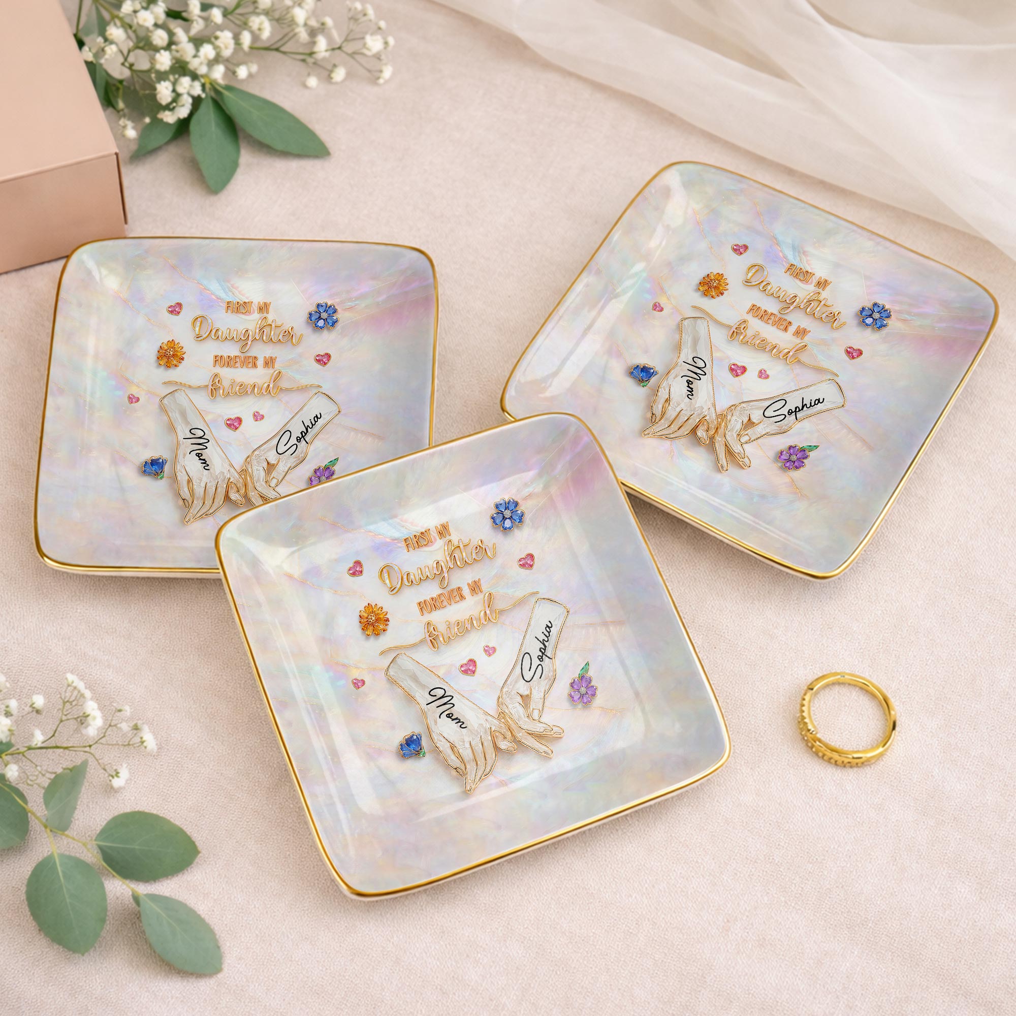 First My Daughter Forever My Friend Holding Hands Flowers - Personalized Custom Jewelry Dish, Ceramic Dish, Square Shape - DAU339_SCRF