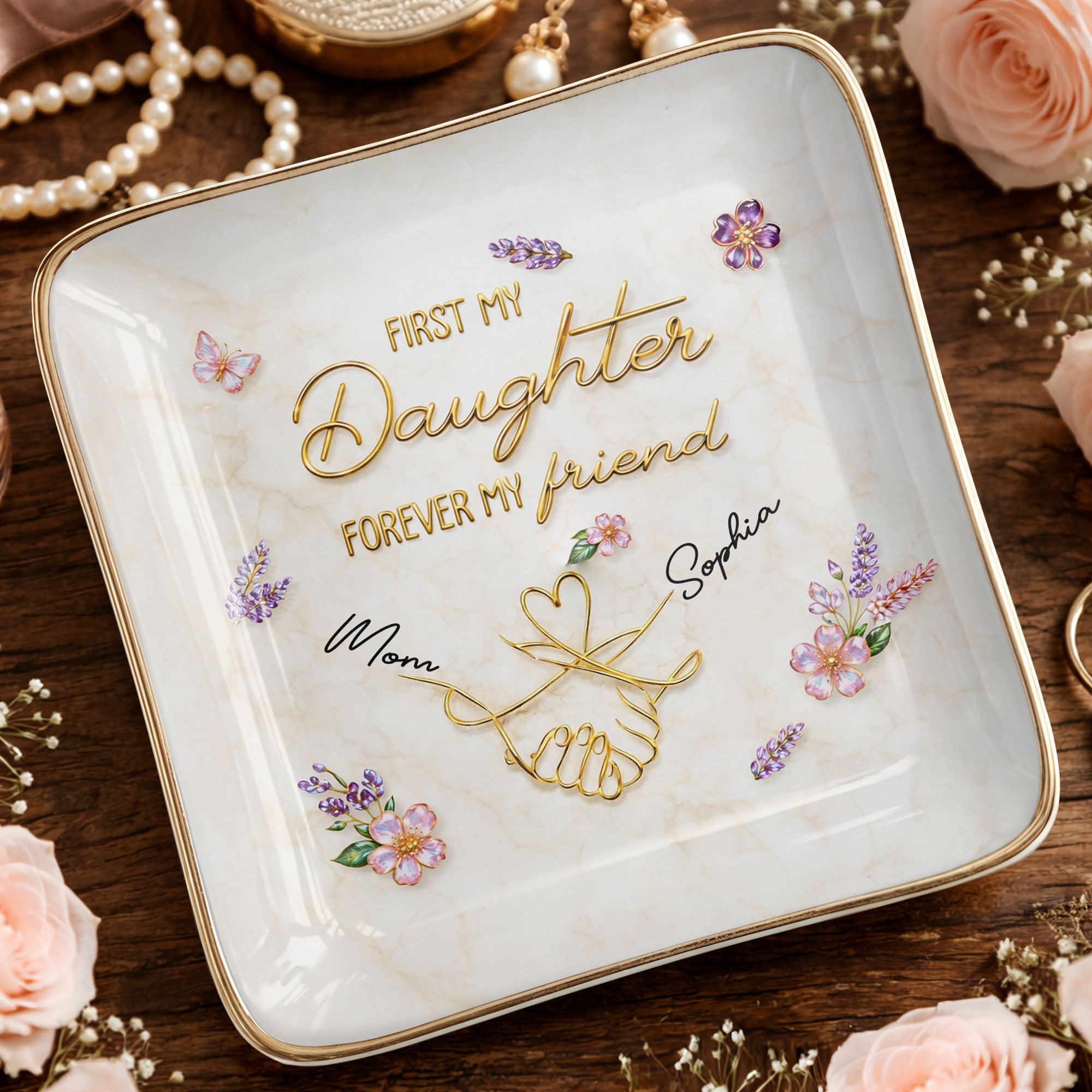 First My Daughter Forever My Friend With Pinky Promise And Flowers - Personalized Custom Jewelry Dish, Ceramic Dish, Square Shape - DAU340_SCRF