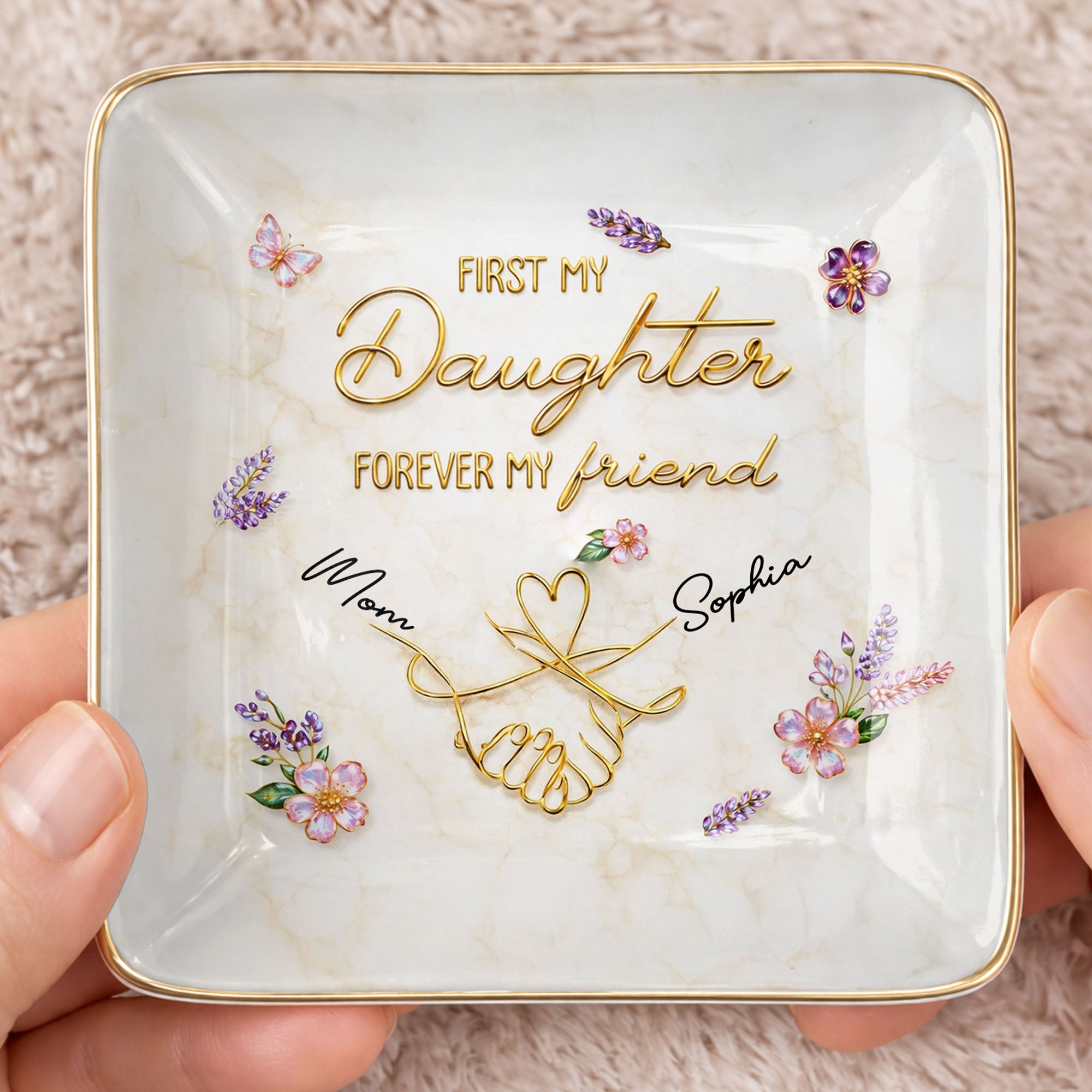 First My Daughter Forever My Friend With Pinky Promise And Flowers - Personalized Custom Jewelry Dish, Ceramic Dish, Square Shape - DAU340_SCRF