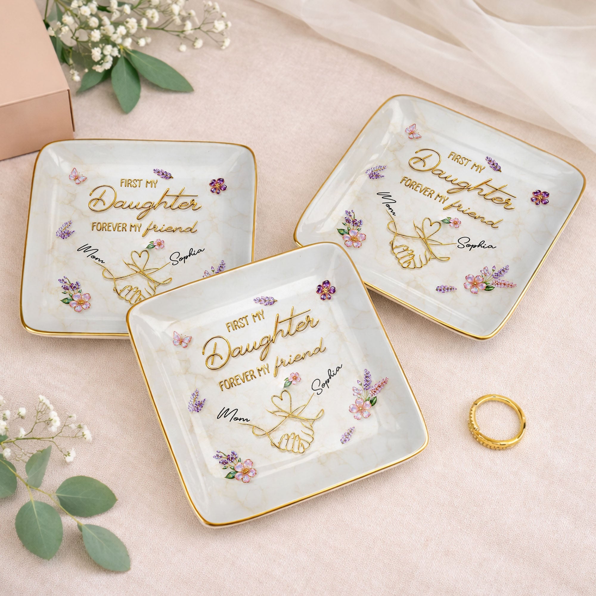 First My Daughter Forever My Friend With Pinky Promise And Flowers - Personalized Custom Jewelry Dish, Ceramic Dish, Square Shape - DAU340_SCRF