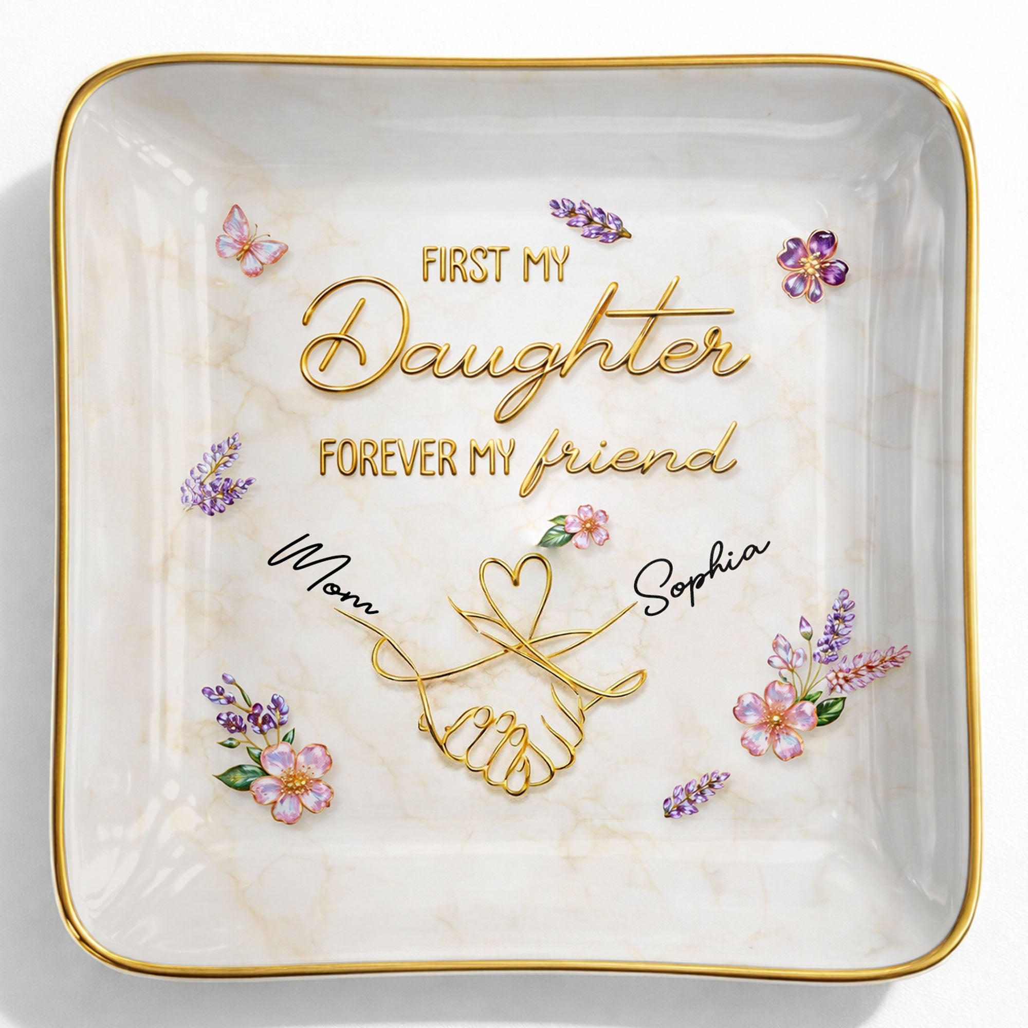 First My Daughter Forever My Friend With Pinky Promise And Flowers - Personalized Custom Jewelry Dish, Ceramic Dish, Square Shape - DAU340_SCRF