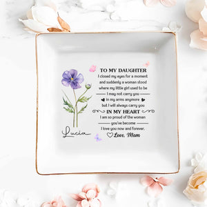 To My Daughter Always In My Heart Flower And Butterfly - Personalized Custom Jewelry Dish, Square Ceramic Dish - DAU345_SCRD