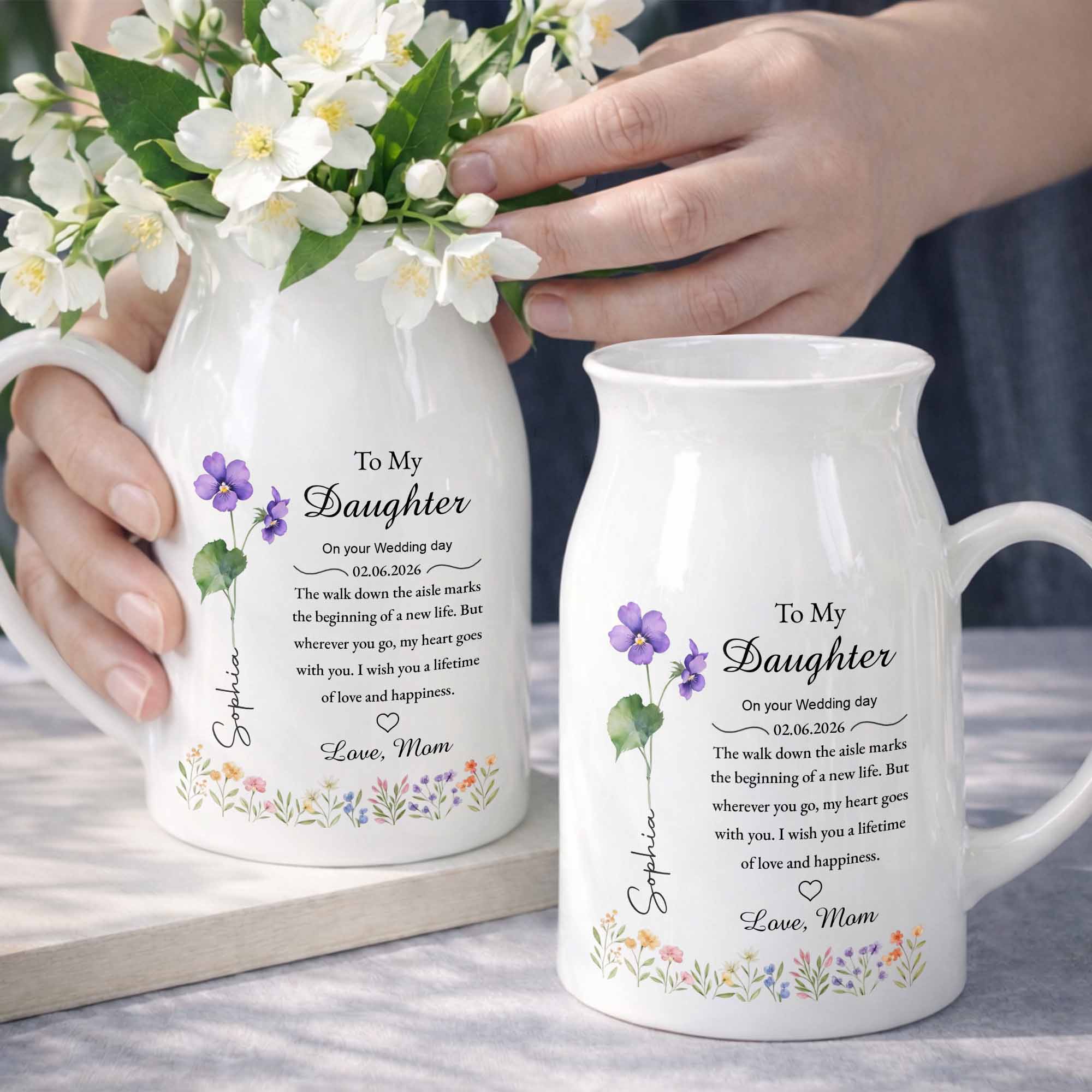To My Daughter On Your Wedding Day Birth Month Flowers - Personalized Ceramic Flower Vase