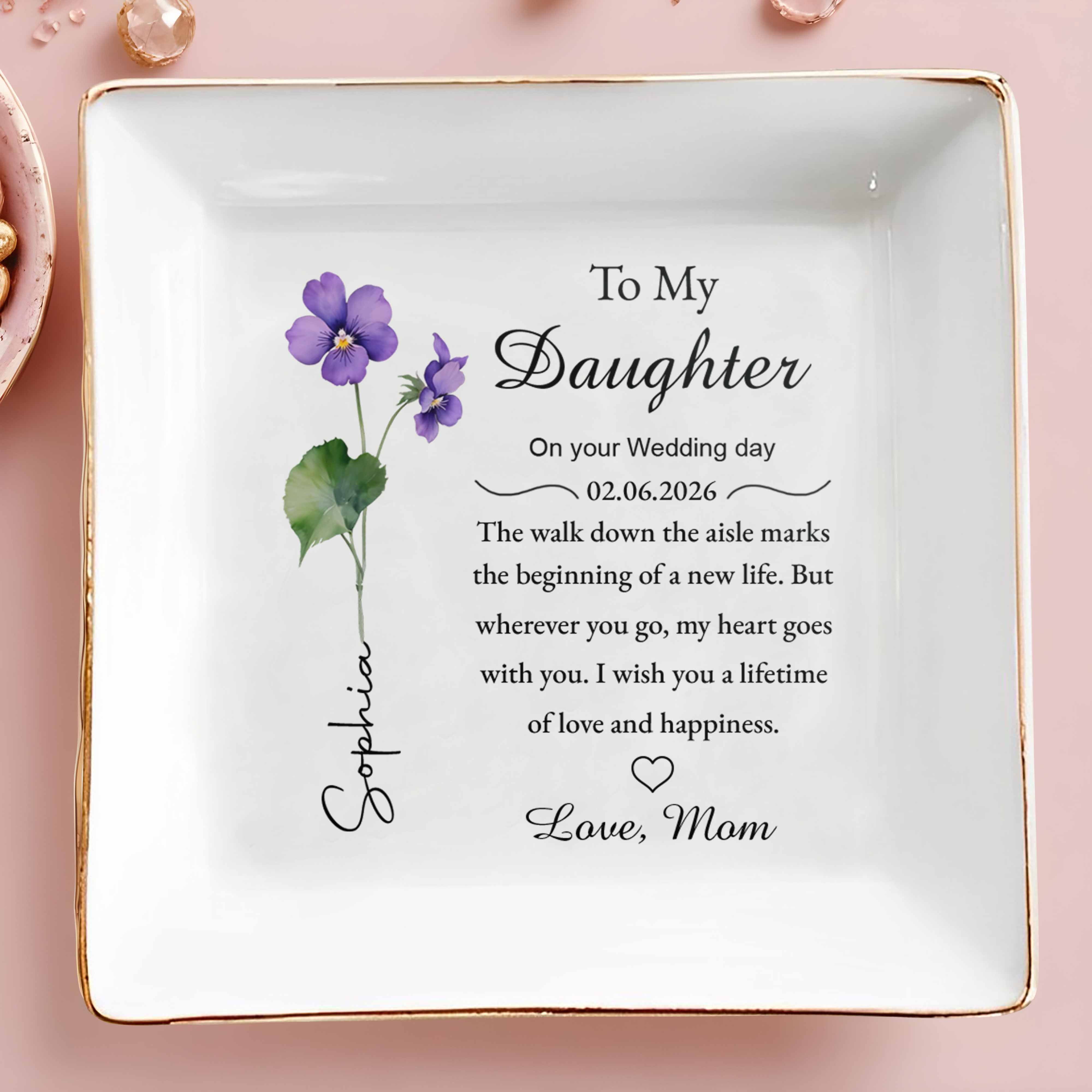 To My Daughter Wedding Day Gift Purple Flower Jewelry Dish - Personalized Custom Jewelry Dish, Square Ceramic Dish - DAU349_SCRD