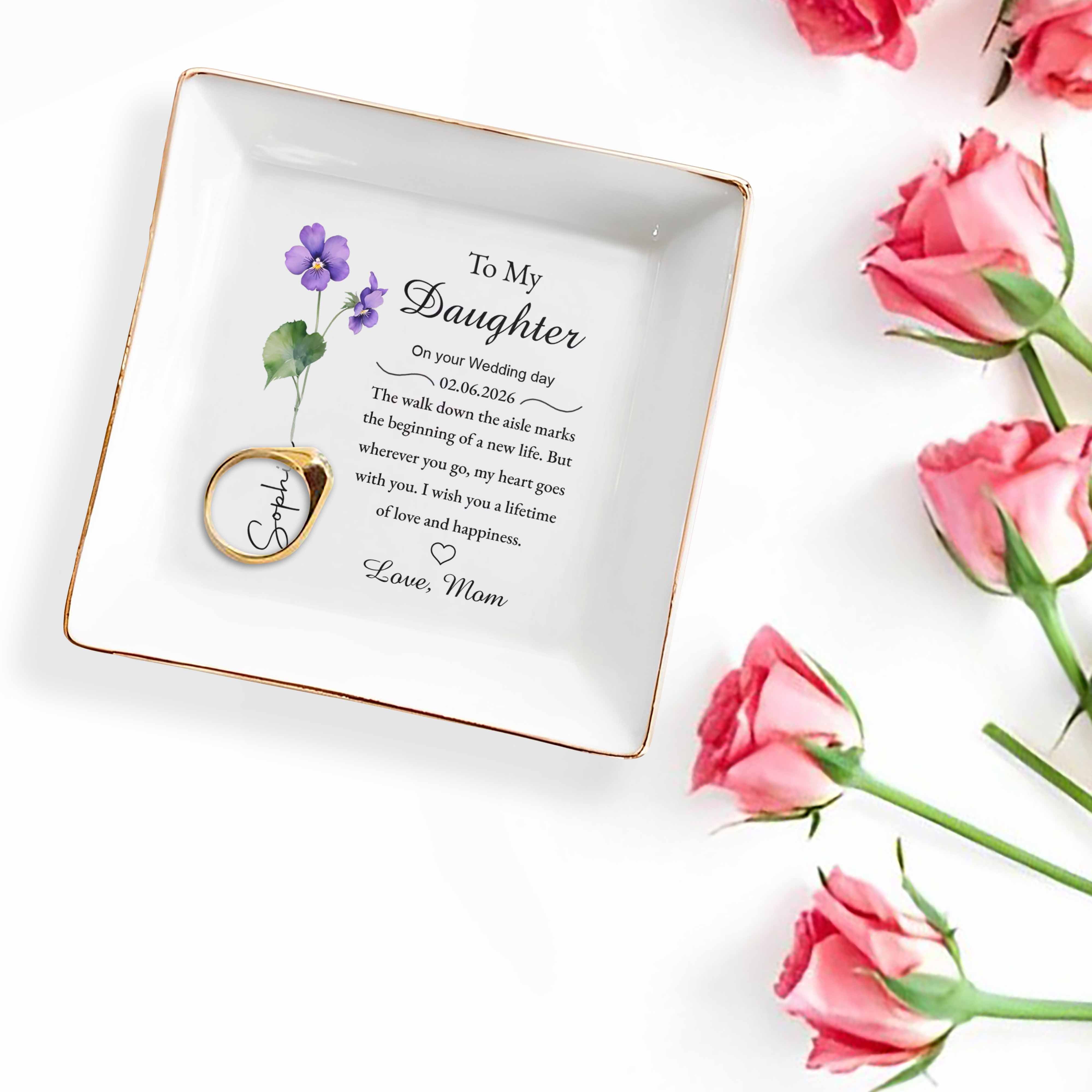 To My Daughter Wedding Day Gift Purple Flower Jewelry Dish - Personalized Custom Jewelry Dish, Square Ceramic Dish - DAU349_SCRD