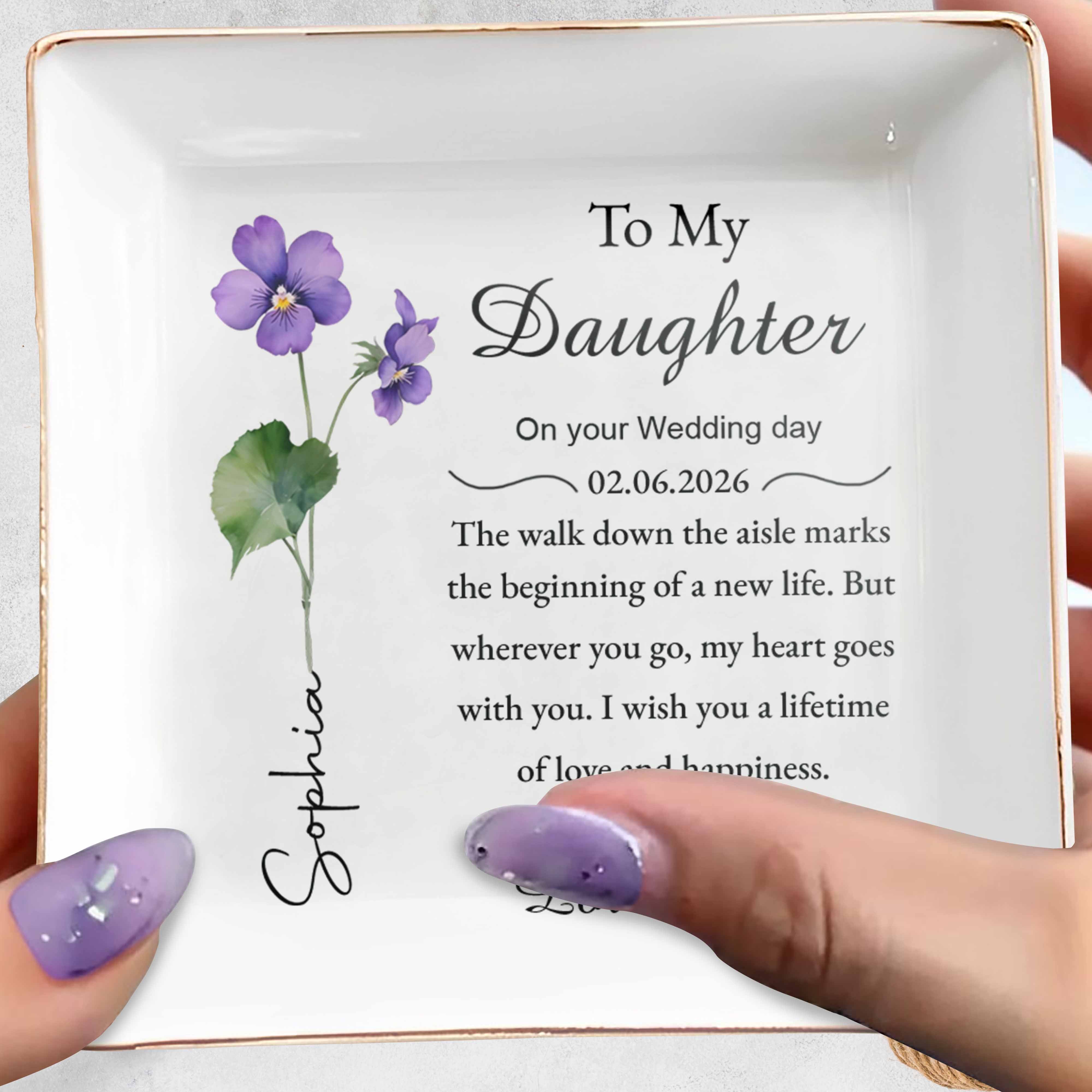 To My Daughter Wedding Day Gift Purple Flower Jewelry Dish - Personalized Custom Jewelry Dish, Square Ceramic Dish - DAU349_SCRD