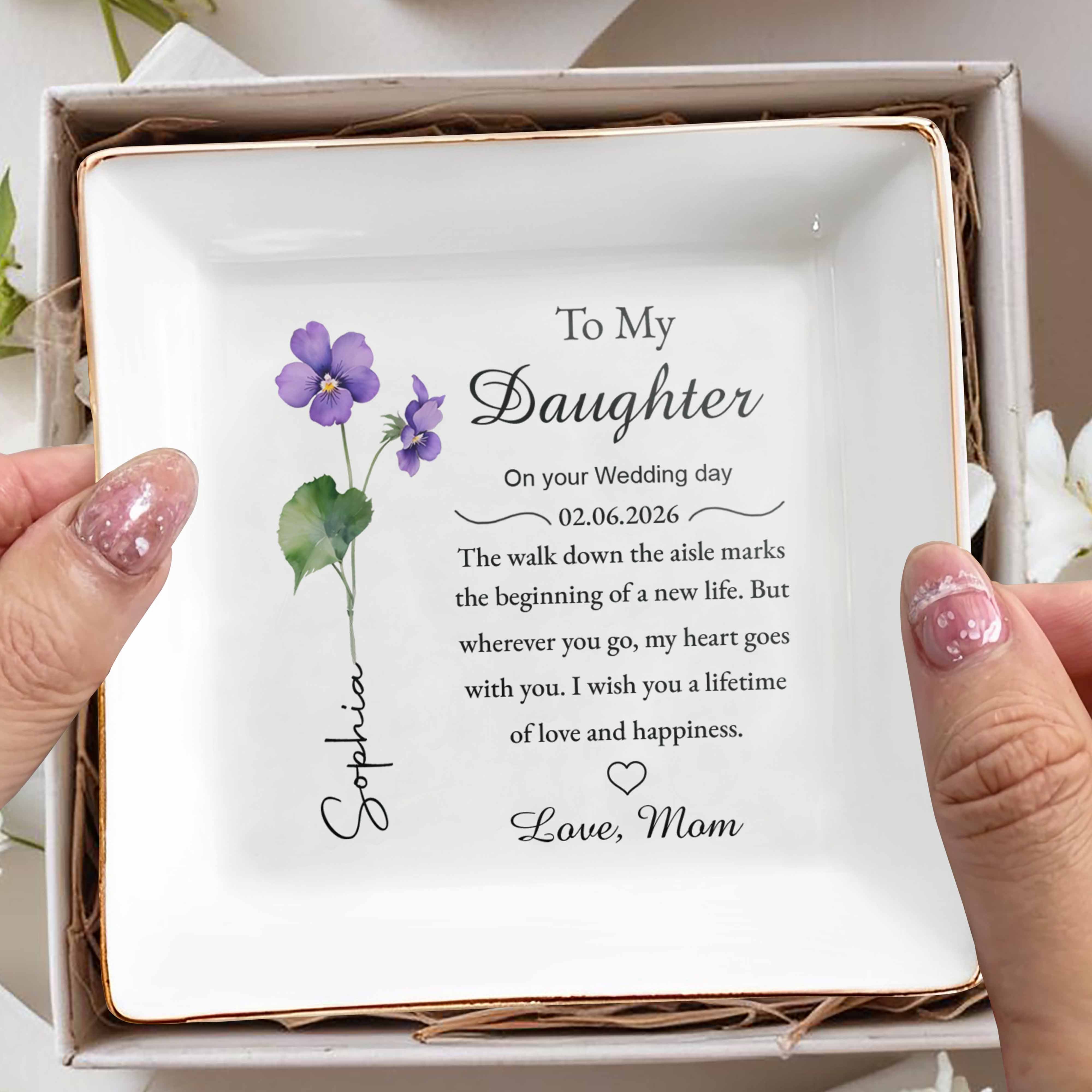 To My Daughter Wedding Day Gift Purple Flower Jewelry Dish - Personalized Custom Jewelry Dish, Square Ceramic Dish - DAU349_SCRD