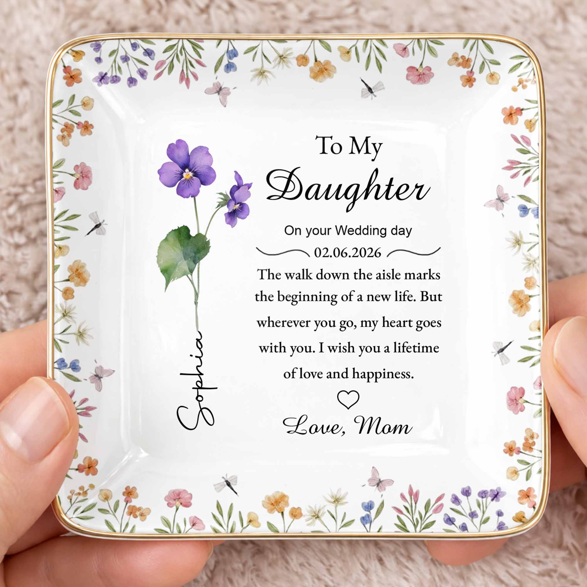 To My Daughter On Your Wedding Day With Birth Month Flowers - Personalized Custom Jewelry Dish, Ceramic Dish, Square Shape - DAU349_SCRF