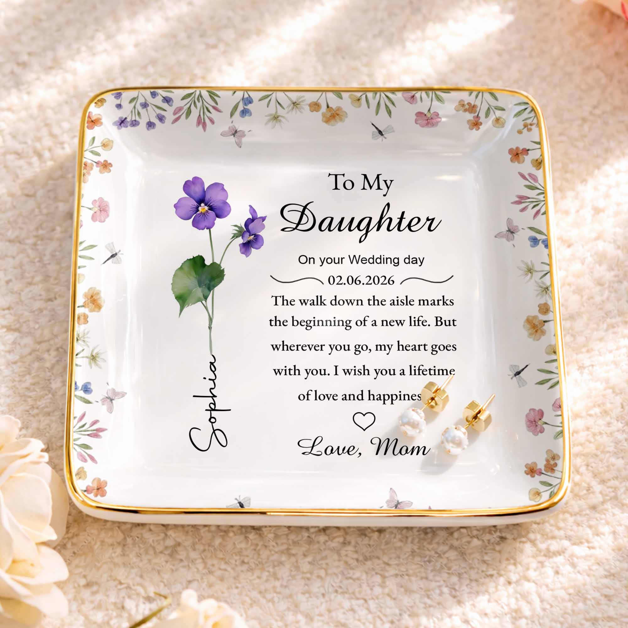 To My Daughter On Your Wedding Day With Birth Month Flowers - Personalized Custom Jewelry Dish, Ceramic Dish, Square Shape - DAU349_SCRF
