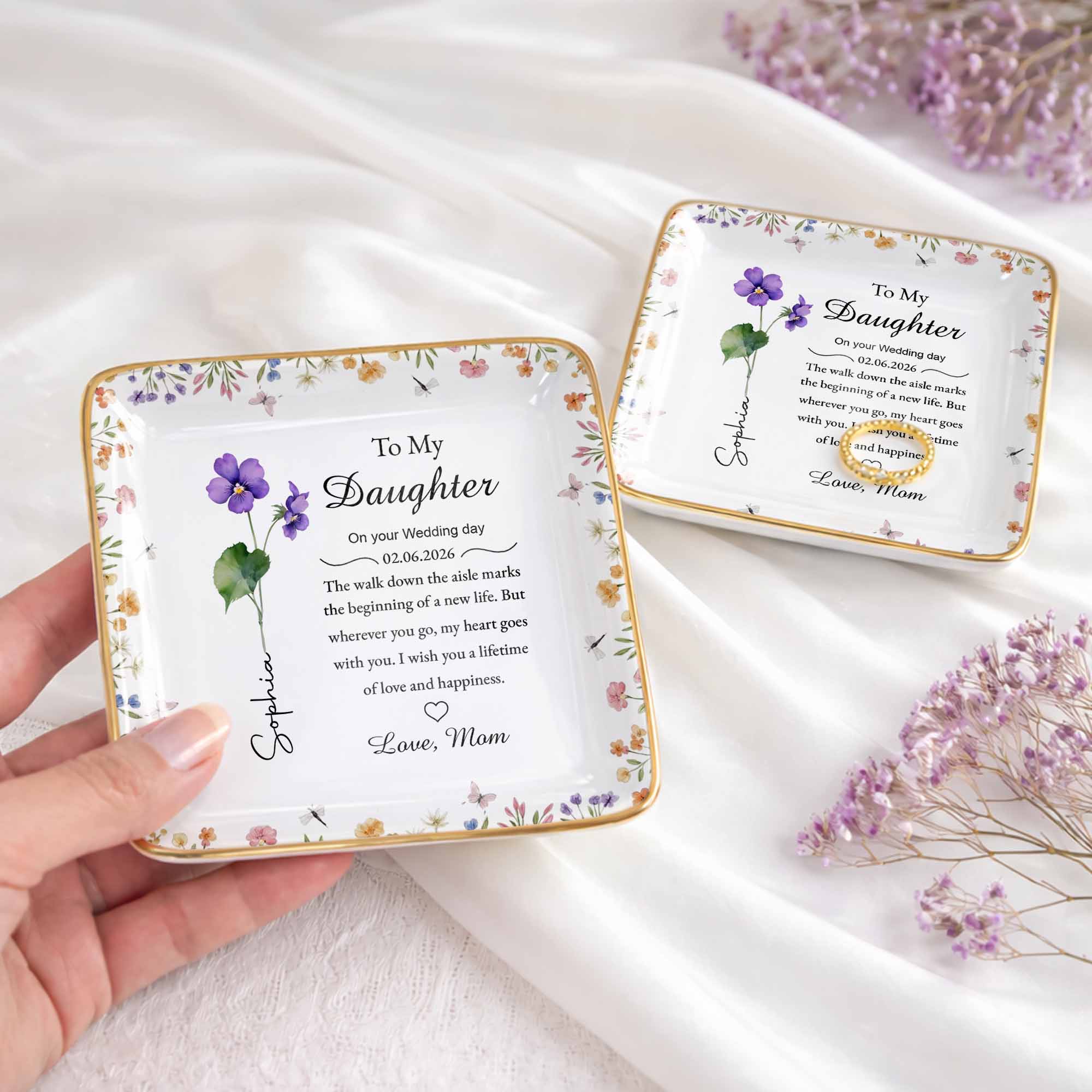 To My Daughter On Your Wedding Day With Birth Month Flowers - Personalized Custom Jewelry Dish, Ceramic Dish, Square Shape - DAU349_SCRF