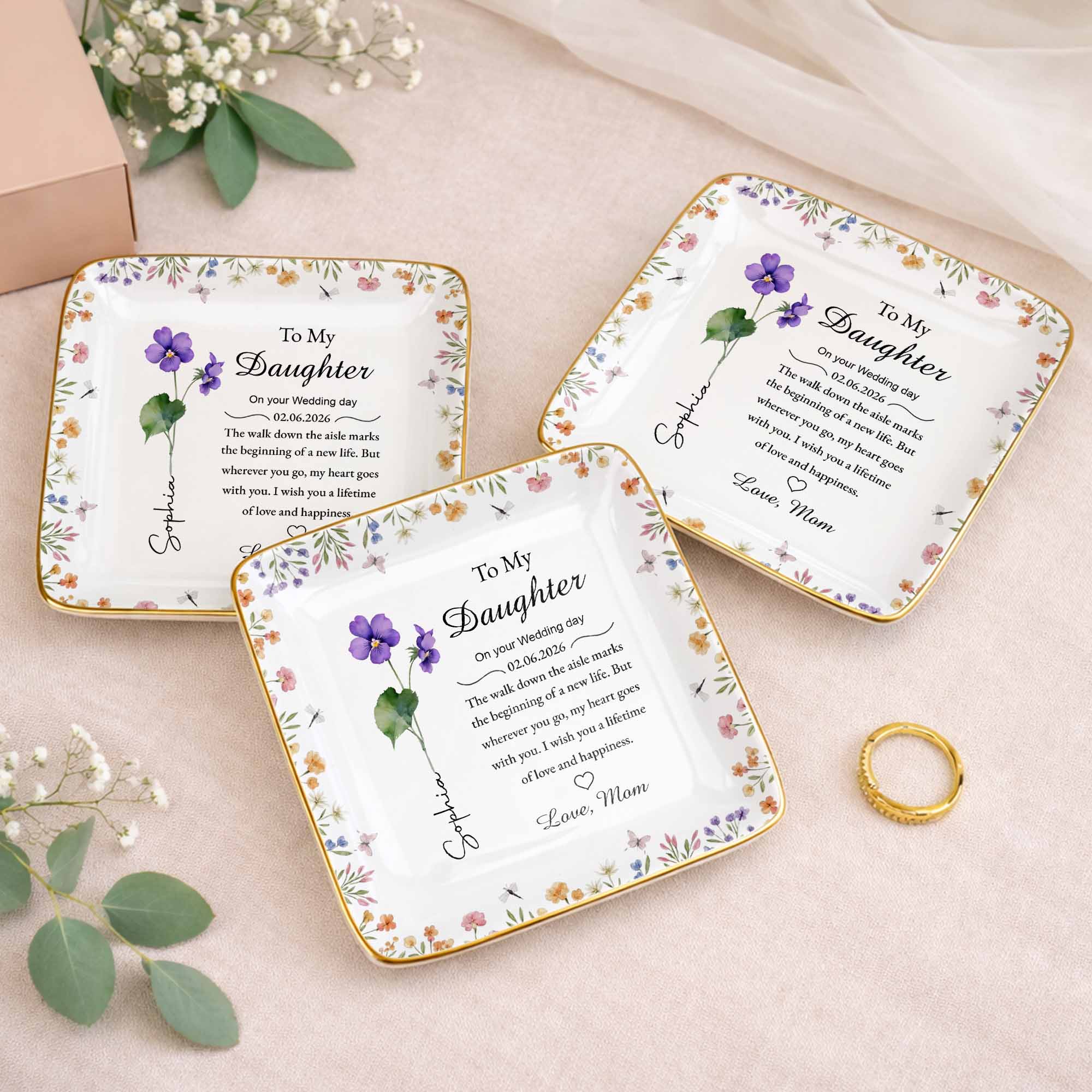 To My Daughter On Your Wedding Day With Birth Month Flowers - Personalized Custom Jewelry Dish, Ceramic Dish, Square Shape - DAU349_SCRF