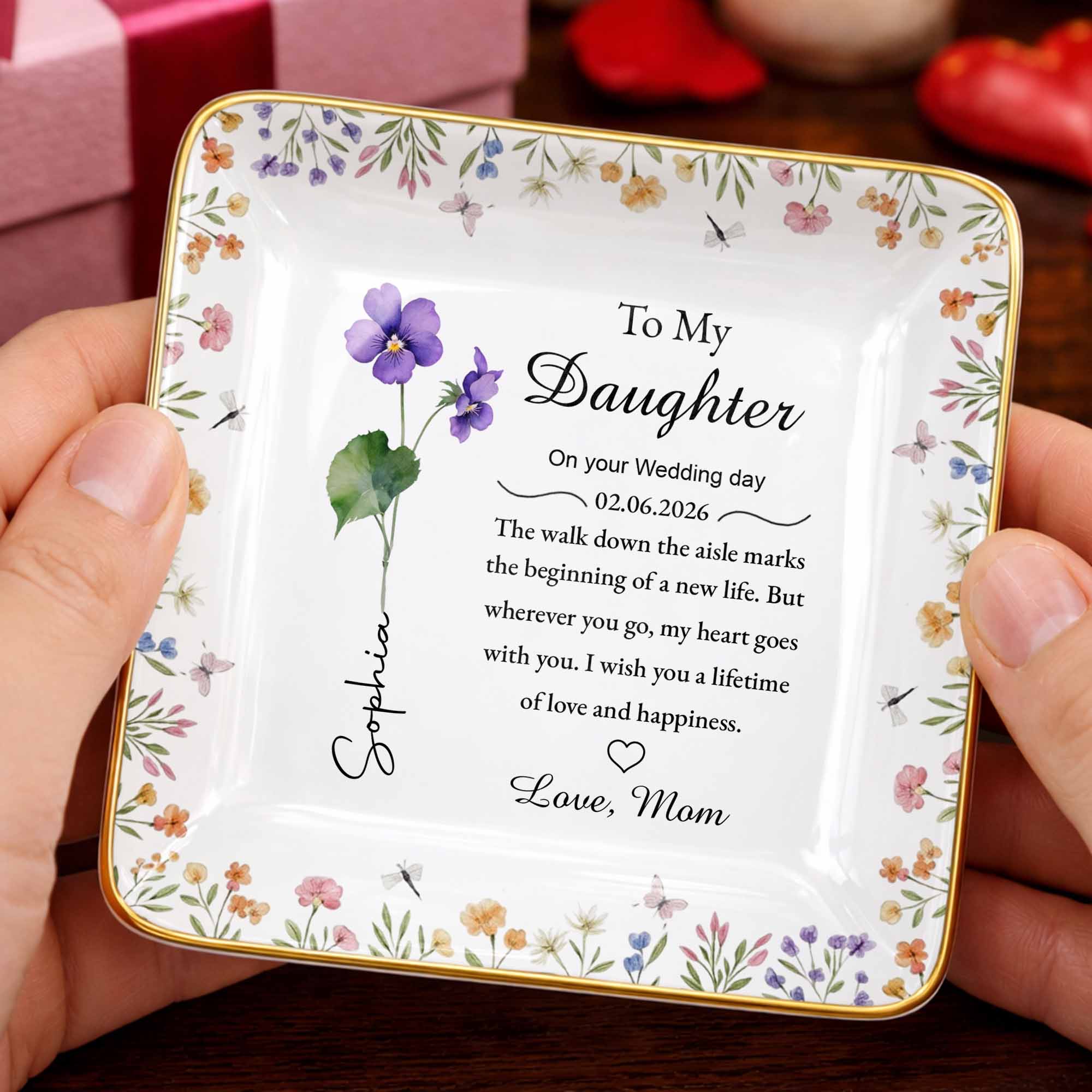 To My Daughter On Your Wedding Day With Birth Month Flowers - Personalized Custom Jewelry Dish, Ceramic Dish, Square Shape - DAU349_SCRF