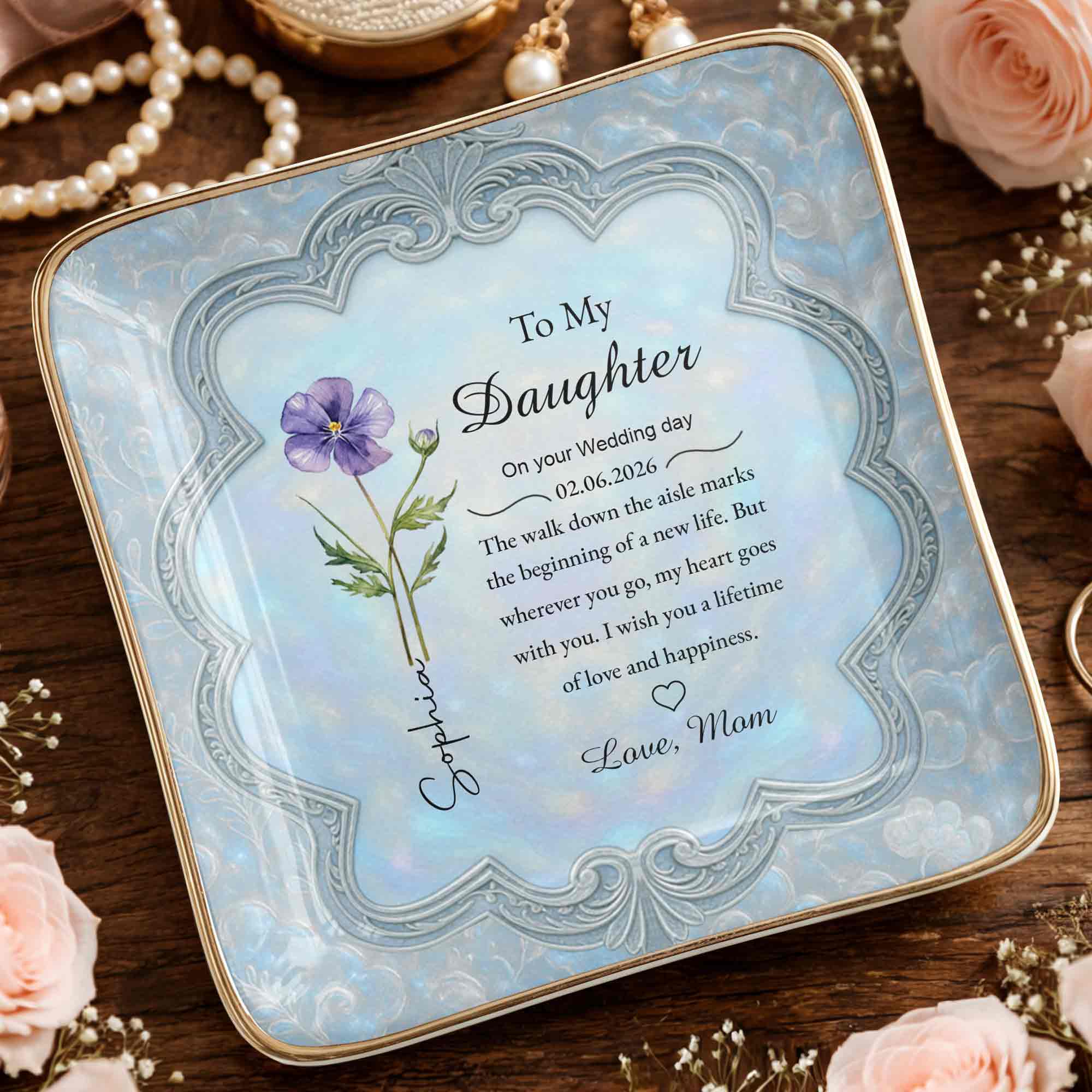 To My Daughter On Your Wedding Day Flower Jewelry Dish - Personalized Custom Jewelry Dish, Ceramic Dish, Square Shape - DAU351_SCRF