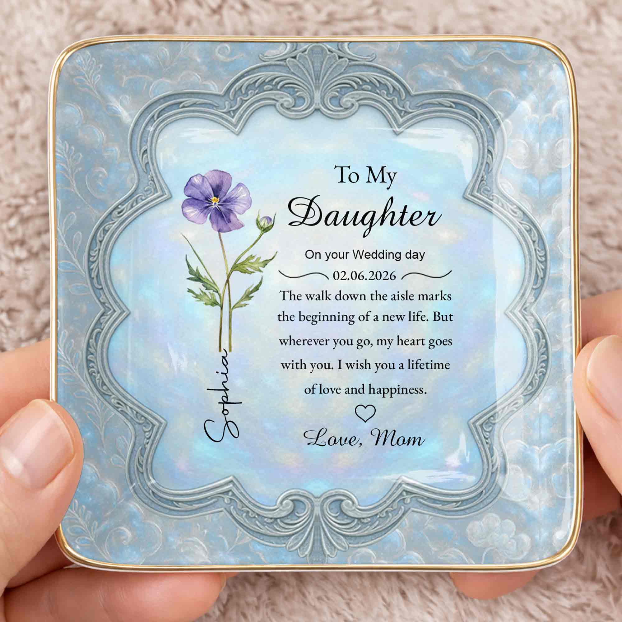To My Daughter On Your Wedding Day Flower Jewelry Dish - Personalized Custom Jewelry Dish, Ceramic Dish, Square Shape - DAU351_SCRF
