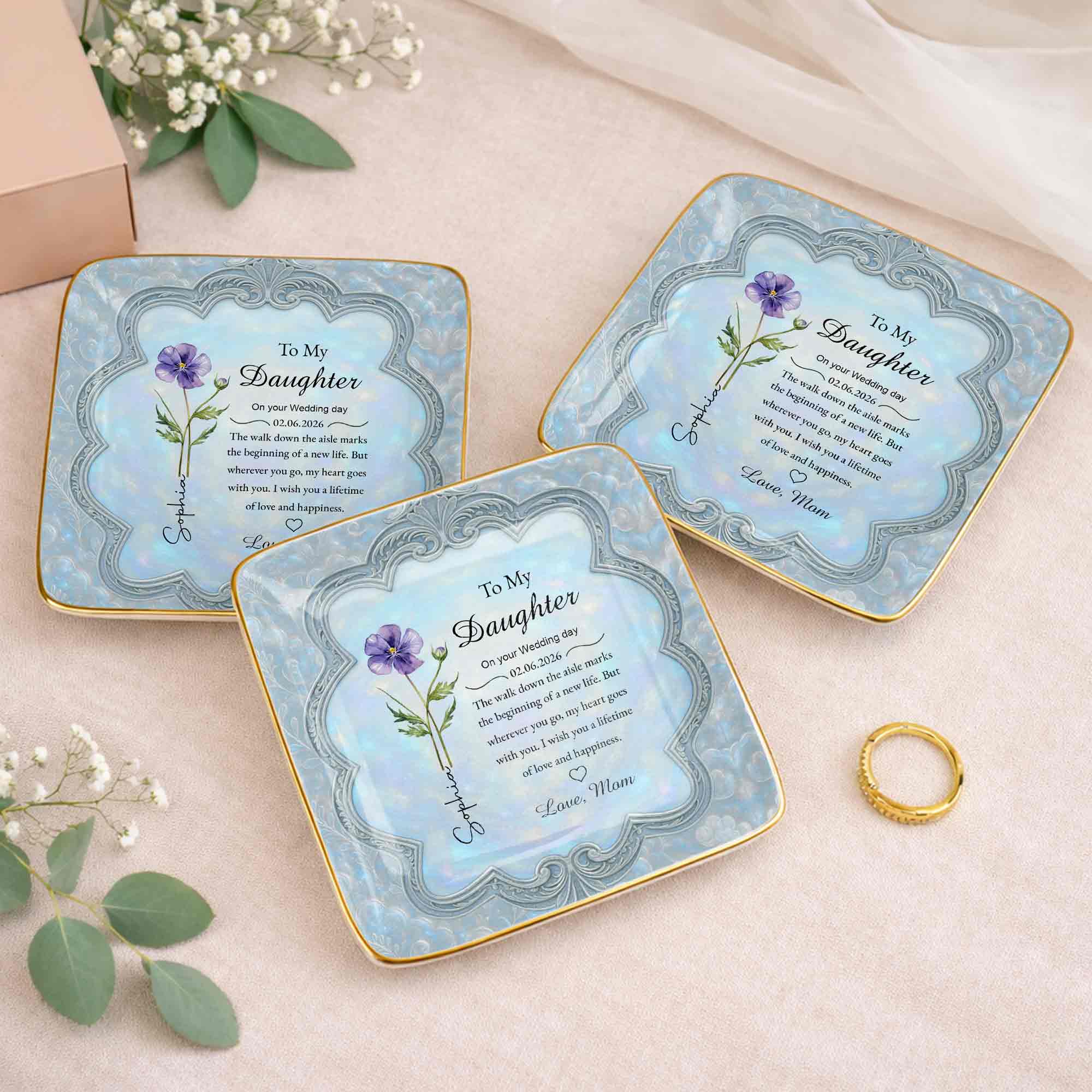 To My Daughter On Your Wedding Day Flower Jewelry Dish - Personalized Custom Jewelry Dish, Ceramic Dish, Square Shape - DAU351_SCRF