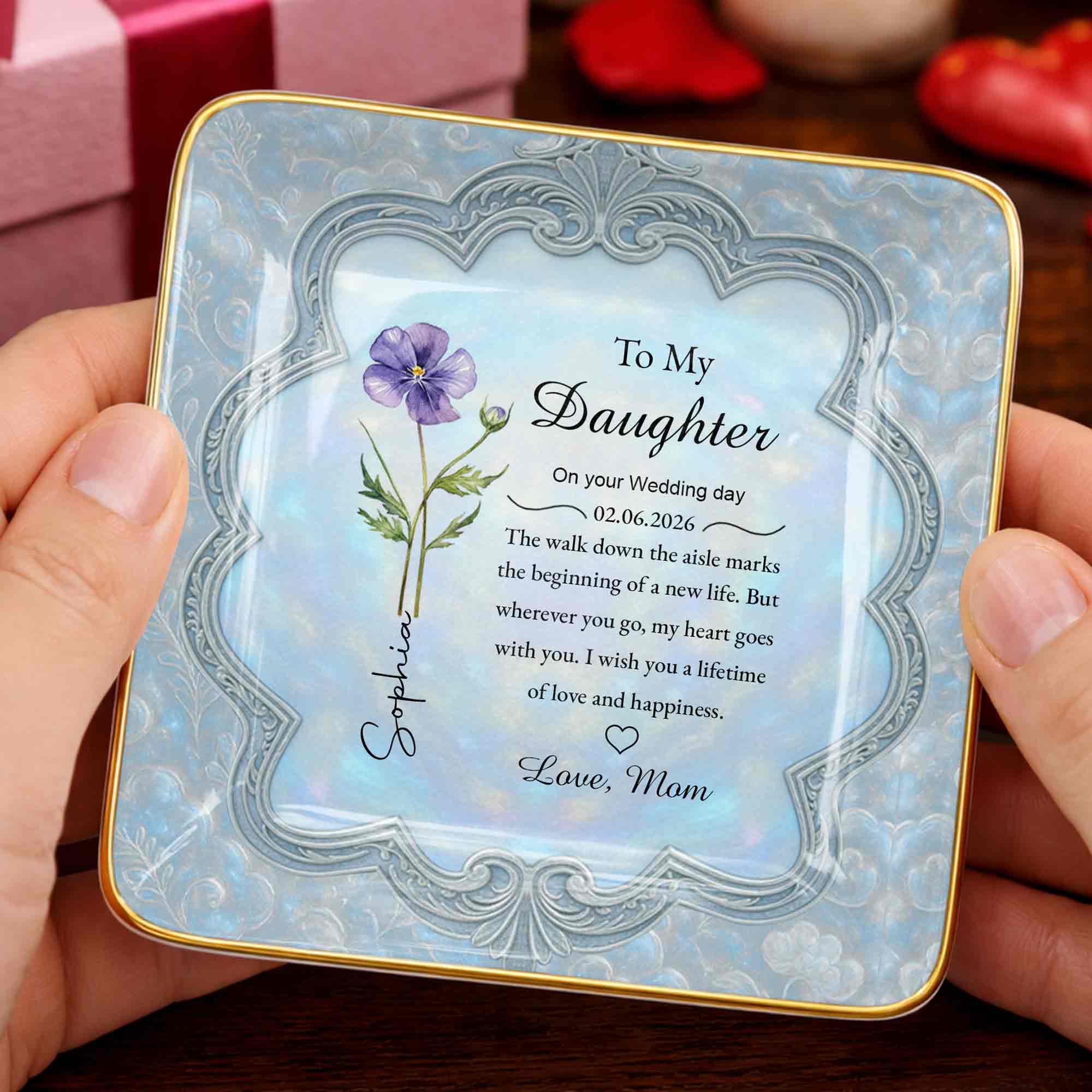 To My Daughter On Your Wedding Day Flower Jewelry Dish - Personalized Custom Jewelry Dish, Ceramic Dish, Square Shape - DAU351_SCRF