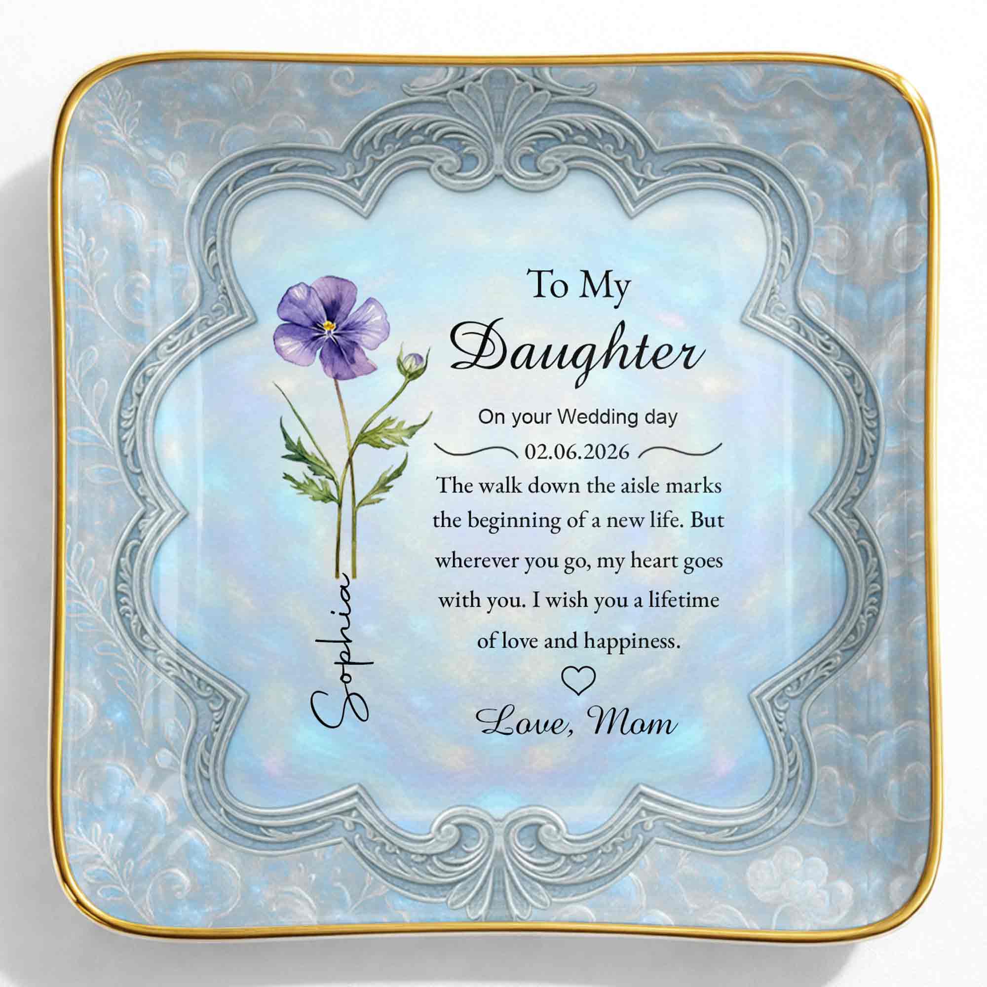 To My Daughter On Your Wedding Day Flower Jewelry Dish - Personalized Custom Jewelry Dish, Ceramic Dish, Square Shape - DAU351_SCRF