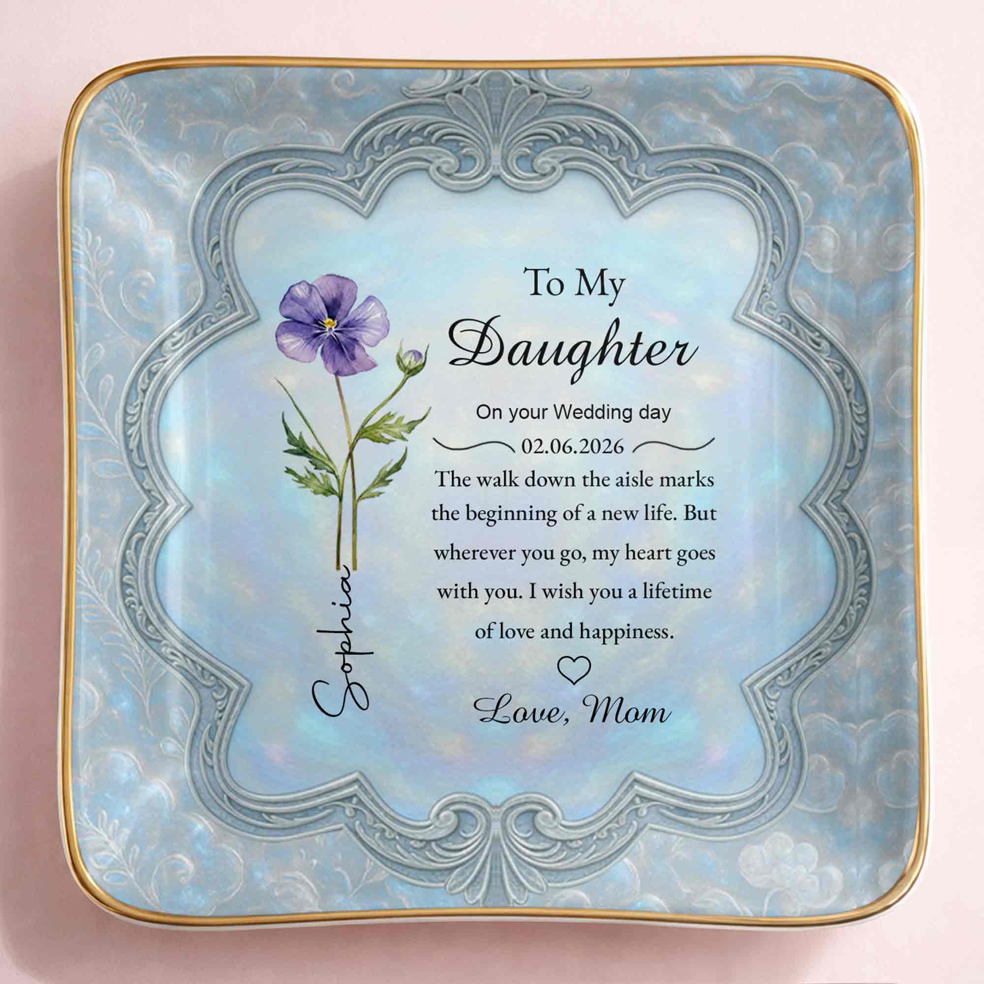To My Daughter On Your Wedding Day Flower Jewelry Dish - Personalized Custom Jewelry Dish, Ceramic Dish, Square Shape - DAU351_SCRF