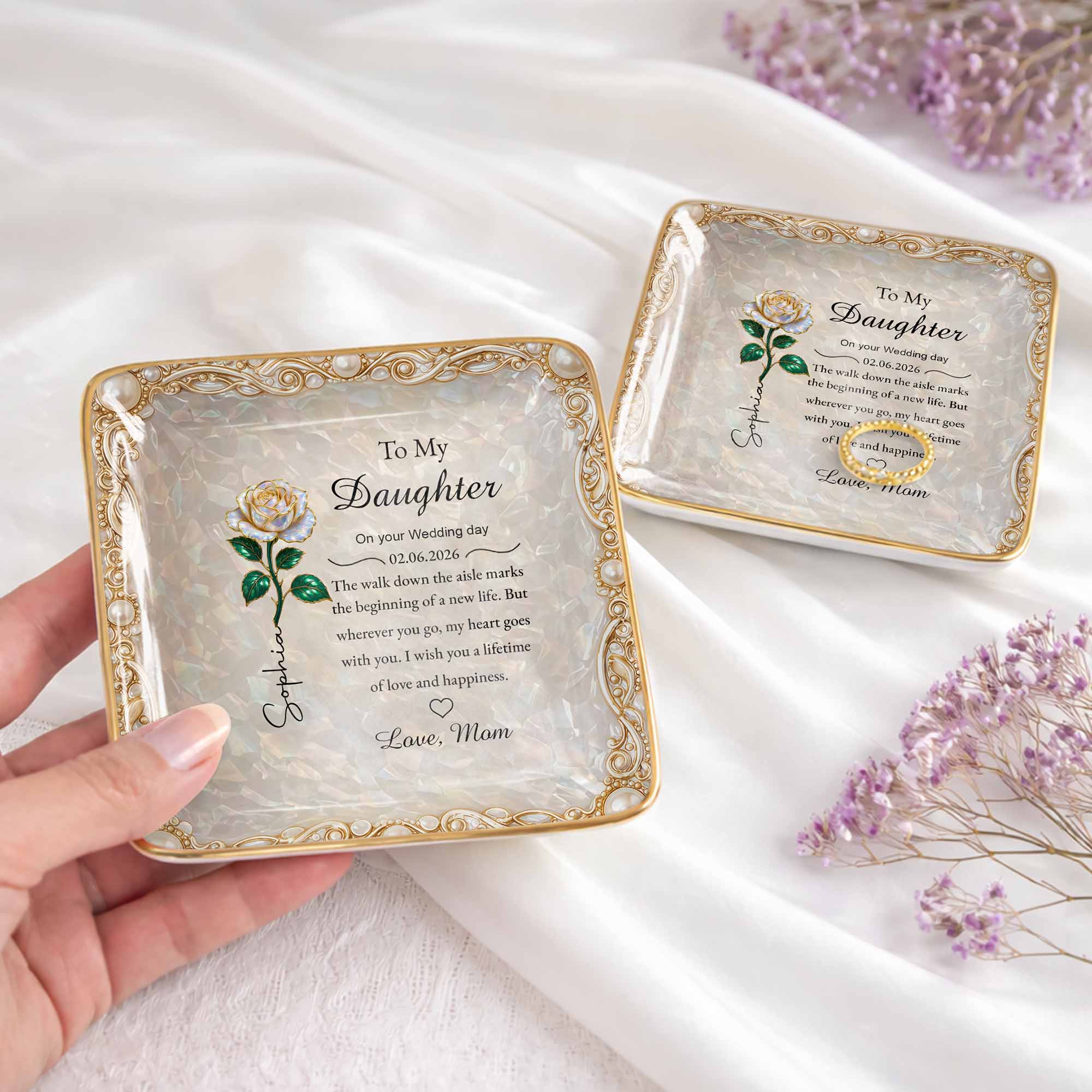 To My Daughter On Your Wedding Day Rose Flower Heart - Personalized Custom Jewelry Dish, Ceramic Dish, Square Shape - DAU353_SCRF