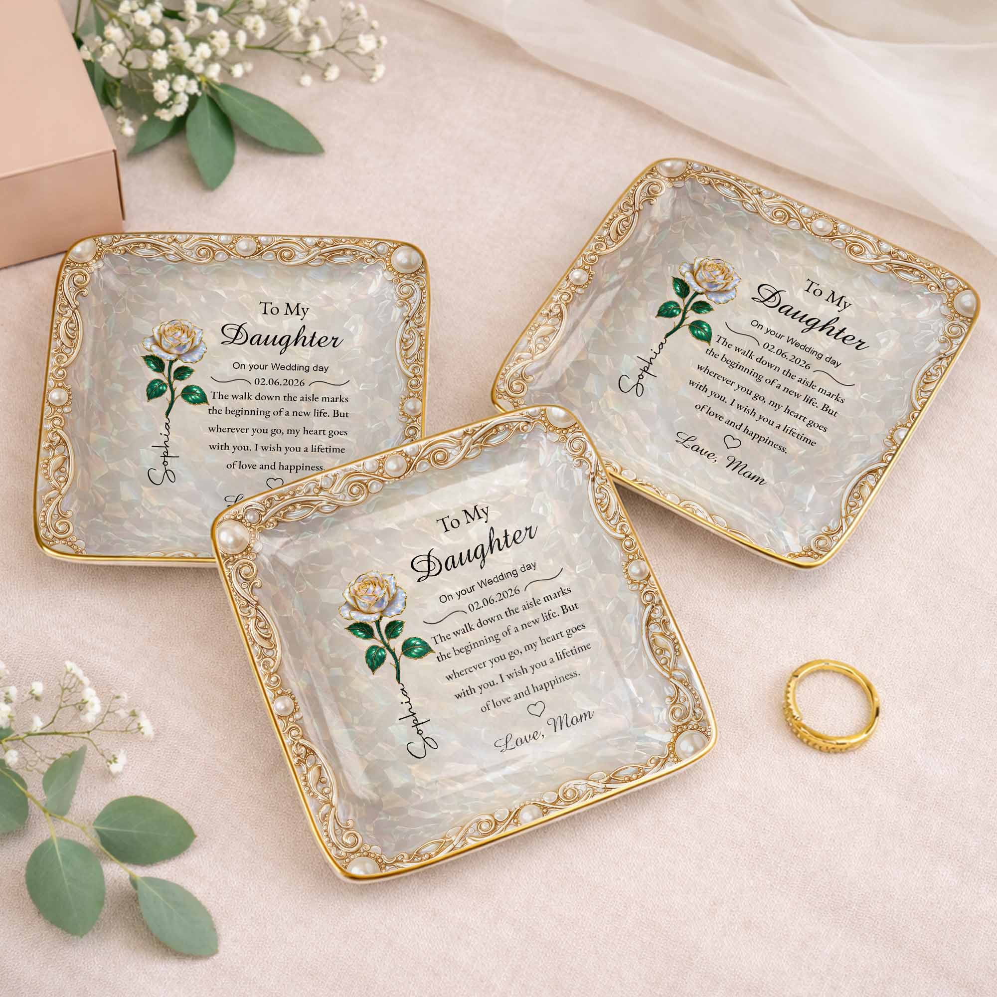 To My Daughter On Your Wedding Day Rose Flower Heart - Personalized Custom Jewelry Dish, Ceramic Dish, Square Shape - DAU353_SCRF