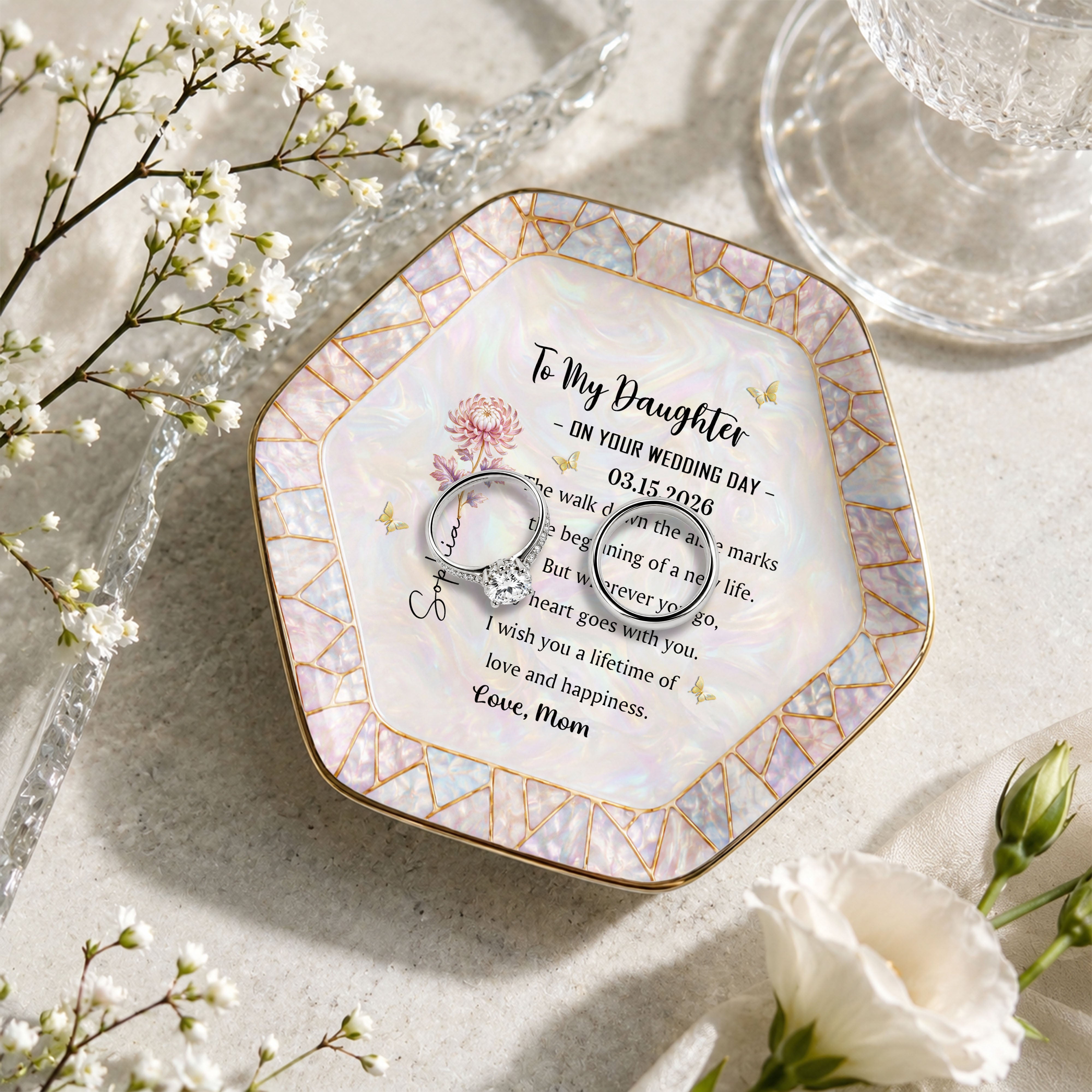 To My Daughter On Your Wedding Day Flower And Butterfly Mosaic - Personalized Custom Jewelry Dish, Ceramic Dish, Hexagonal Shape - DAU354_HECRD