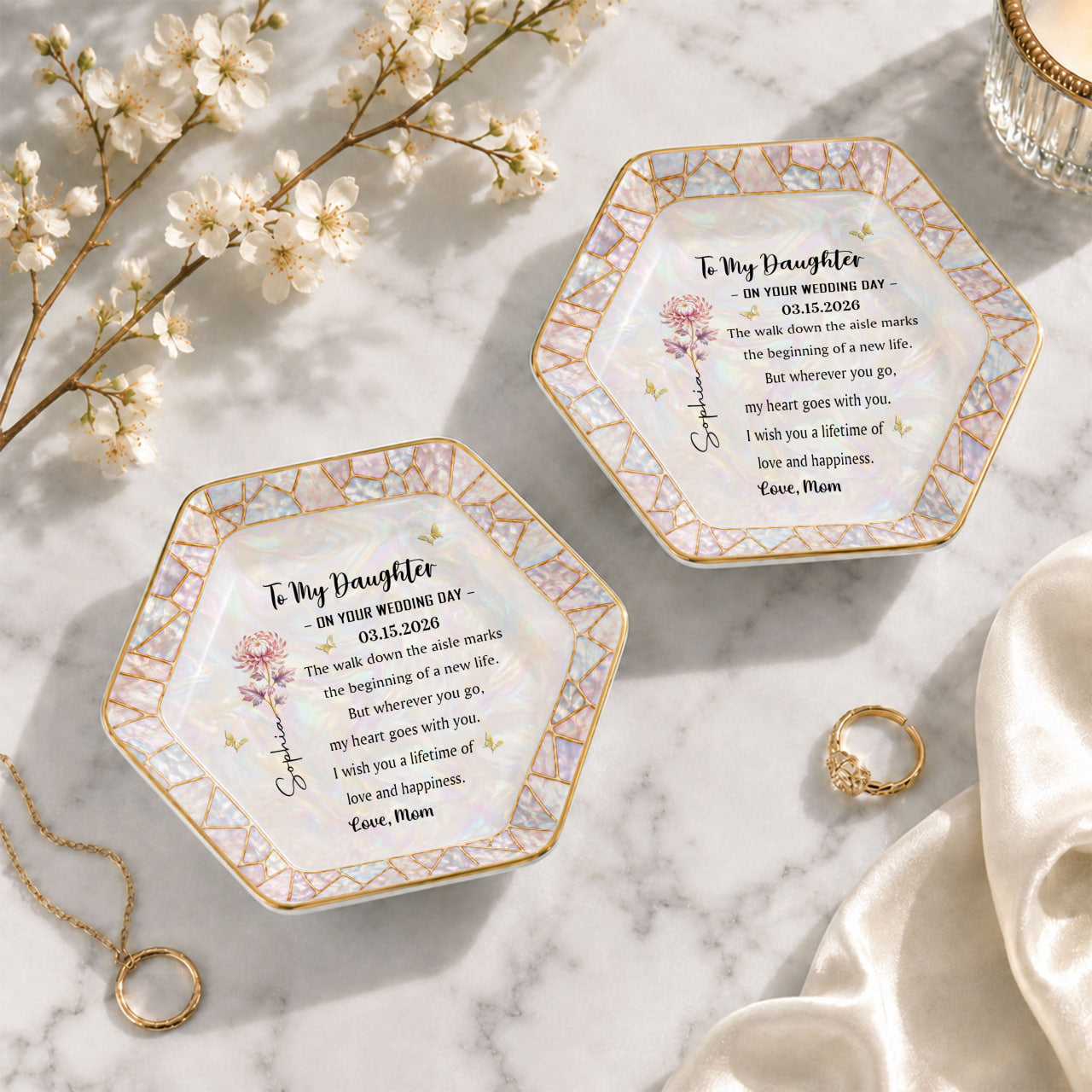 To My Daughter On Your Wedding Day Flower And Butterfly Mosaic - Personalized Custom Jewelry Dish, Ceramic Dish, Hexagonal Shape - DAU354_HECRD