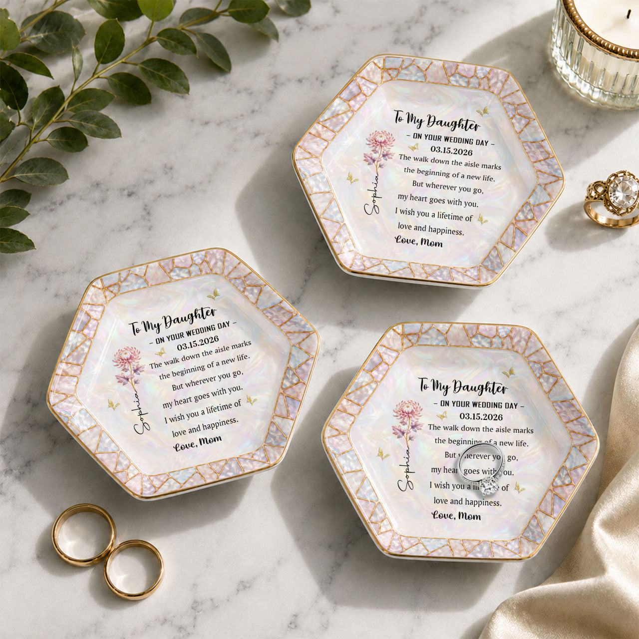 To My Daughter On Your Wedding Day Flower And Butterfly Mosaic - Personalized Custom Jewelry Dish, Ceramic Dish, Hexagonal Shape - DAU354_HECRD