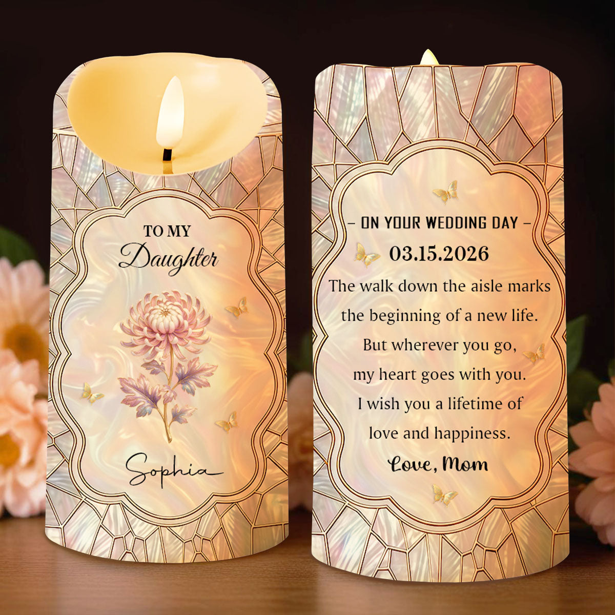 To My Daughter On My Wedding Day With Birth Month Flowers - Personalized Custom LED Candle - DAU354_LECA
