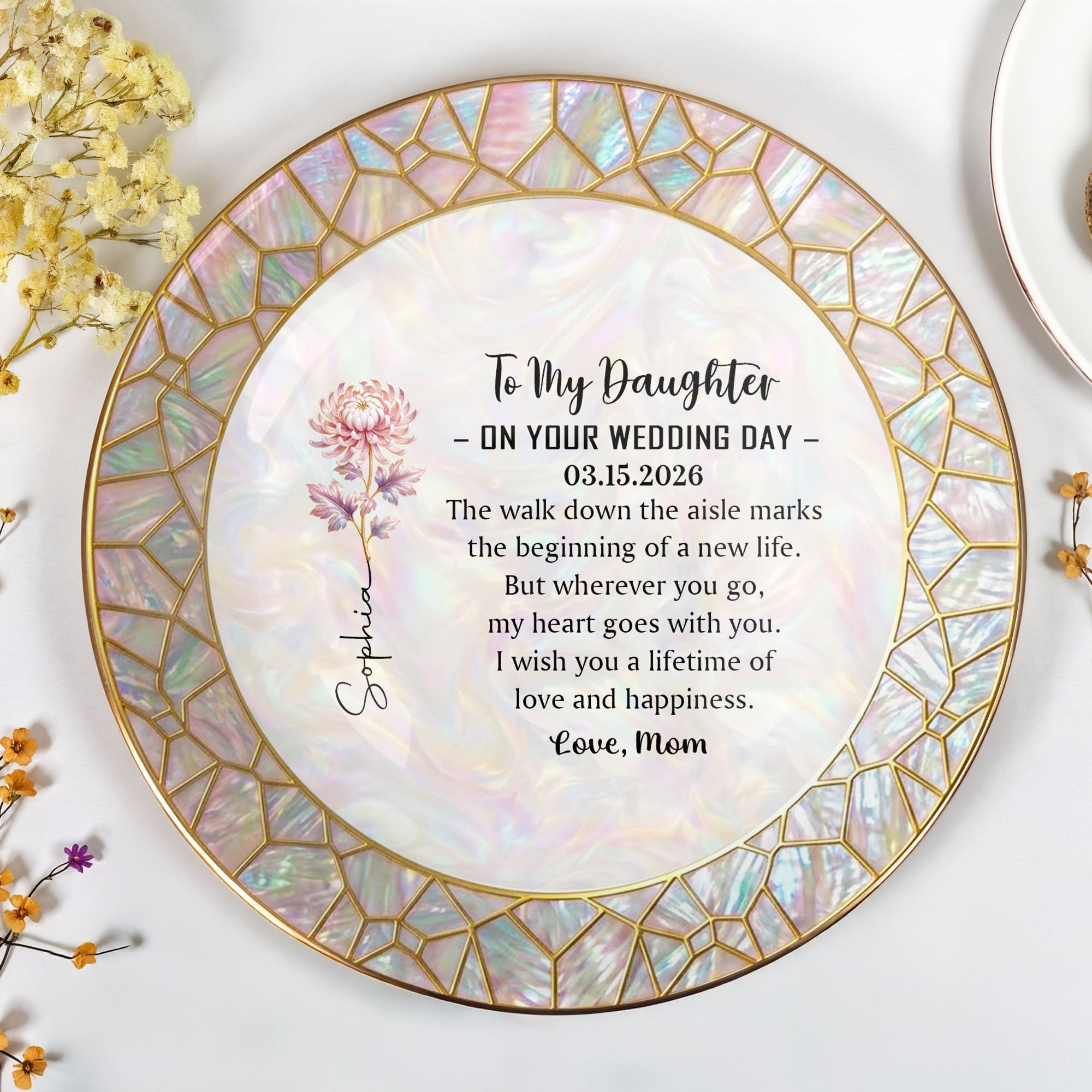 To My Daughter On Your Wedding Day With Birth Month Flower - Personalized Custom Jewelry Dish, Ceramic Dish, Round Shape - DAU354_RCRF