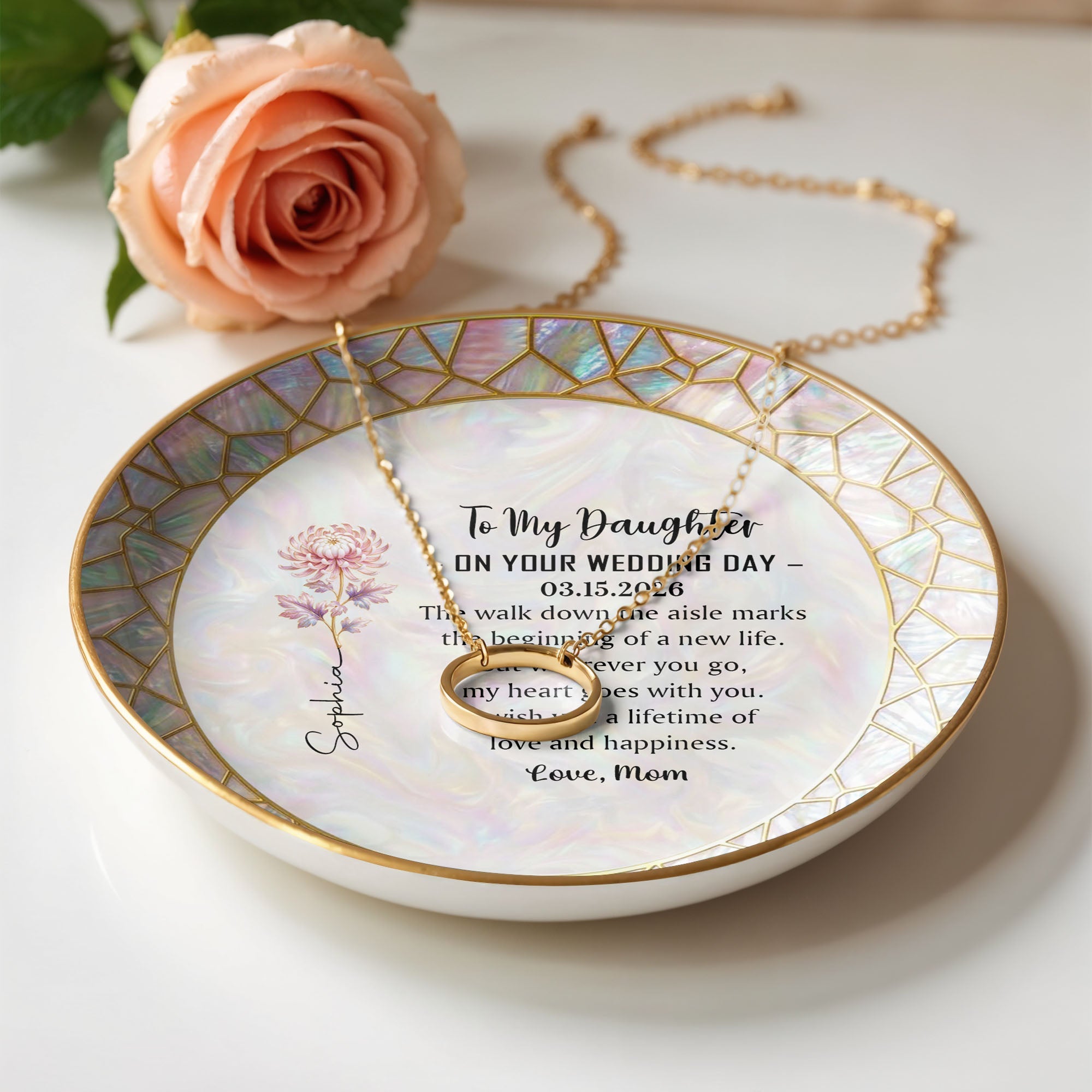 To My Daughter On Your Wedding Day With Birth Month Flower - Personalized Custom Jewelry Dish, Ceramic Dish, Round Shape - DAU354_RCRF