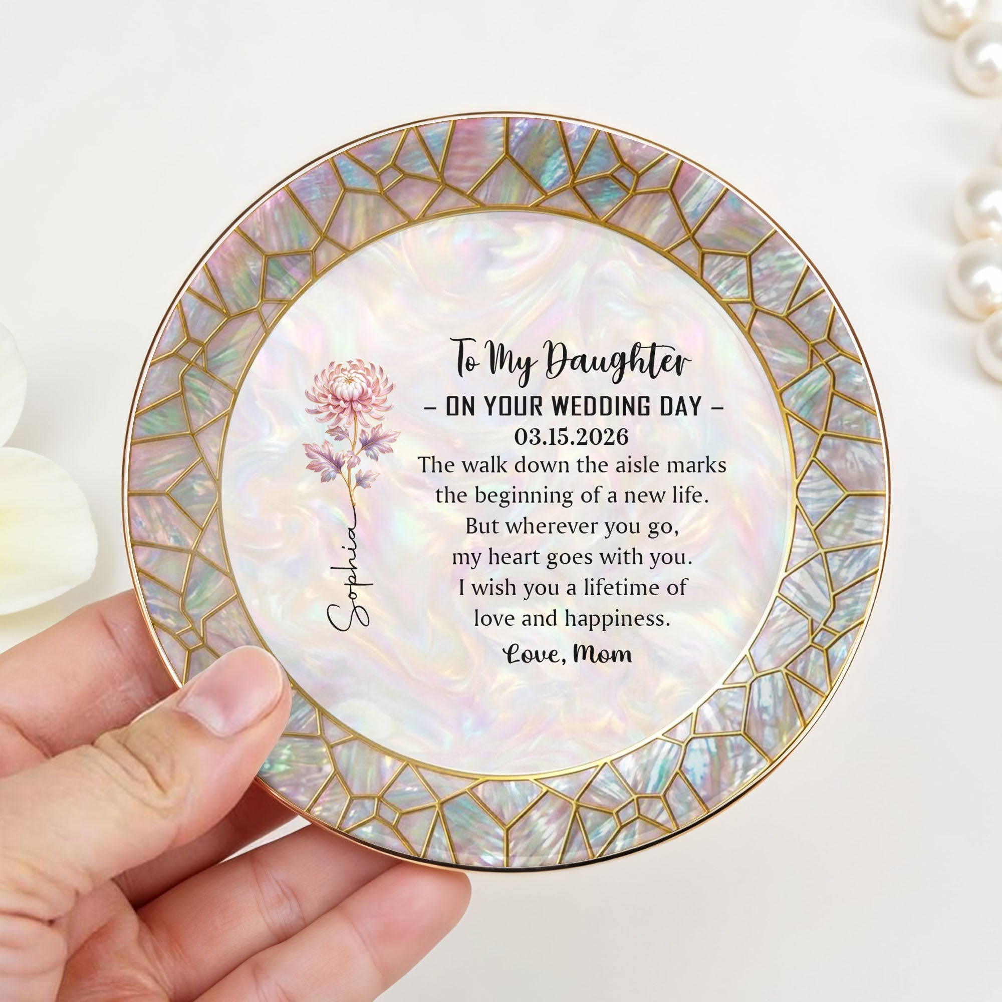 To My Daughter On Your Wedding Day With Birth Month Flower - Personalized Custom Jewelry Dish, Ceramic Dish, Round Shape - DAU354_RCRF